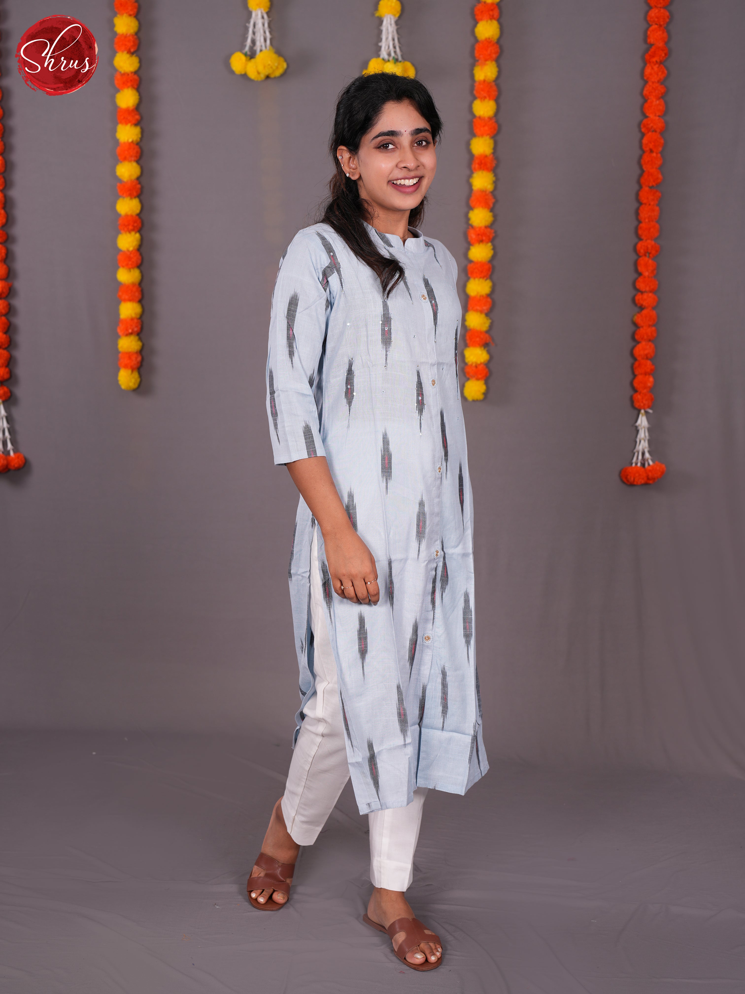 Grey -Ikkat Printed Readymade straight Kurti - Shop on ShrusEternity.com