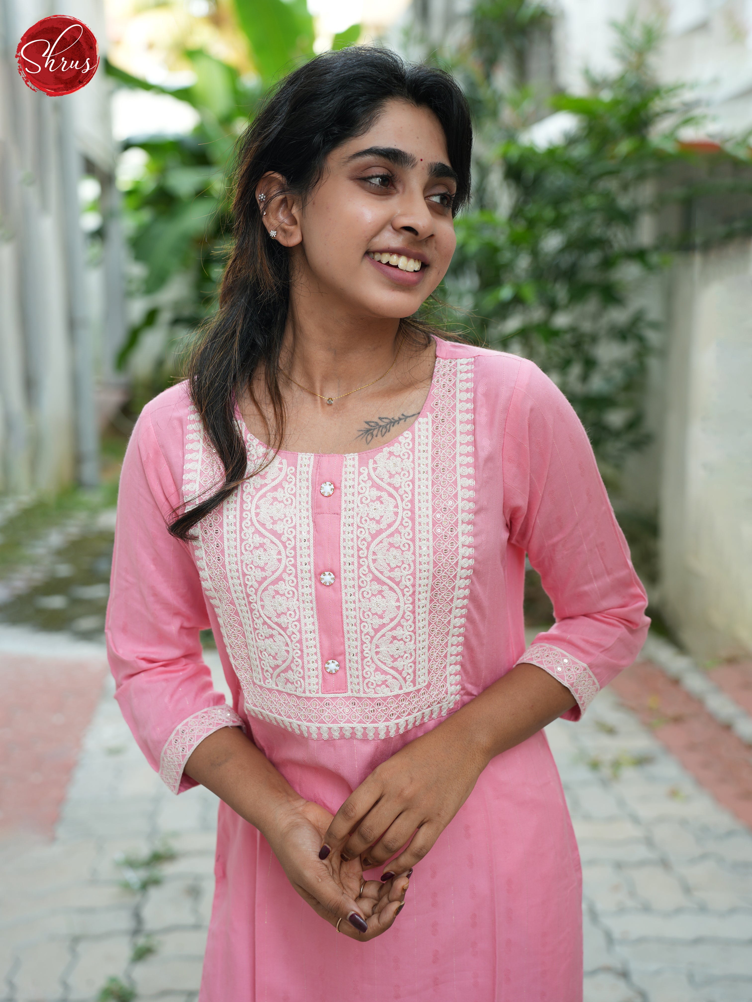 Pink - Lace embroidery Readymade straight fit Kurti - Shop on ShrusEternity.com