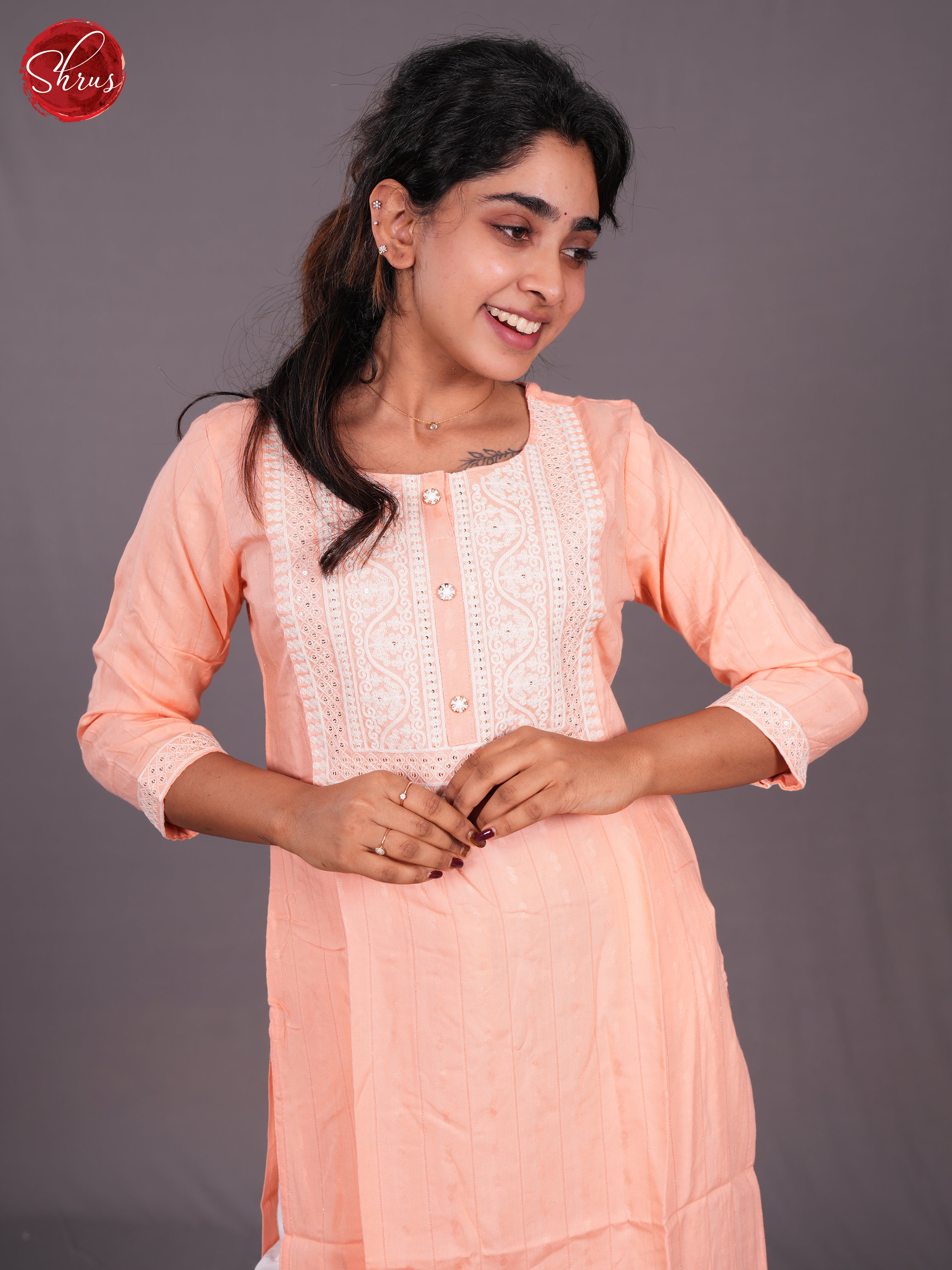 Peach - Lace Embroidery Straight fit Readymade Kurti - Shop on ShrusEternity.com