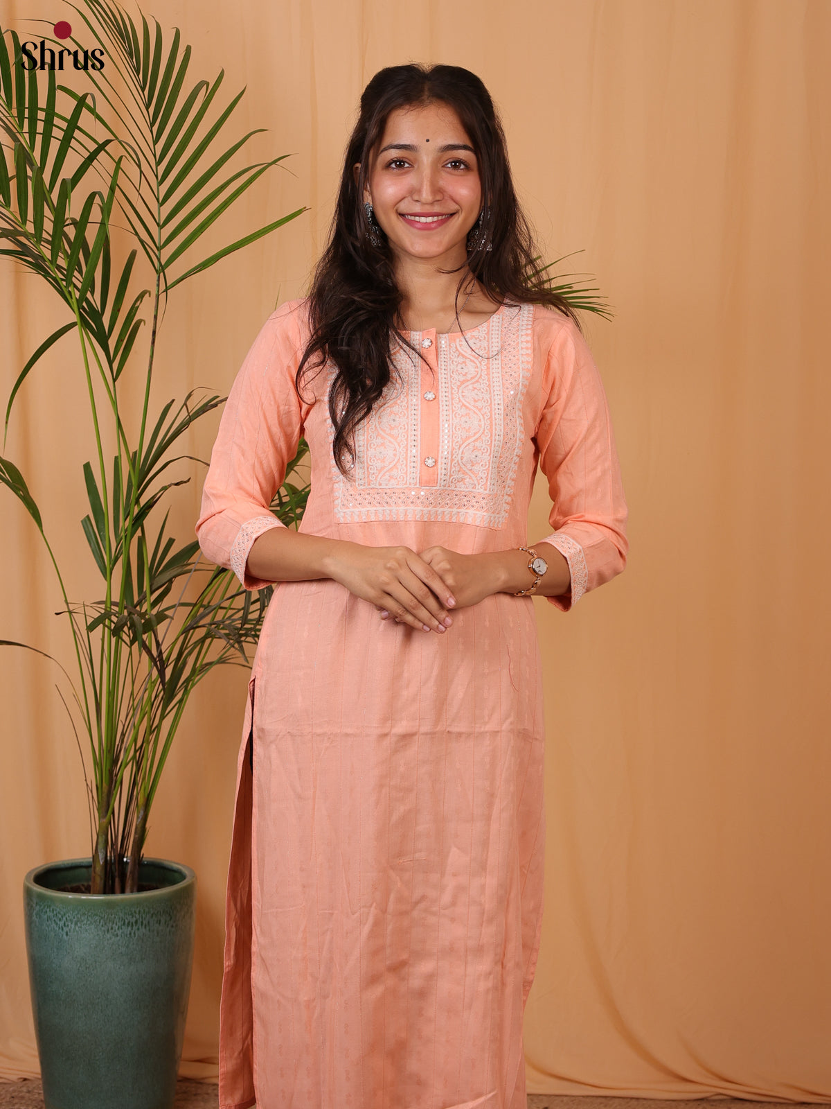 Peach - Lace Embroidery Straight fit Readymade Kurti - Shop on ShrusEternity.com
