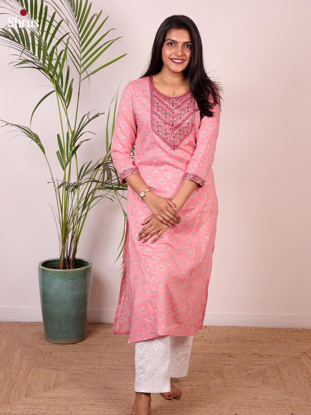 Pink - Printed Rayon Readymade Kurti - Shop on ShrusEternity.com