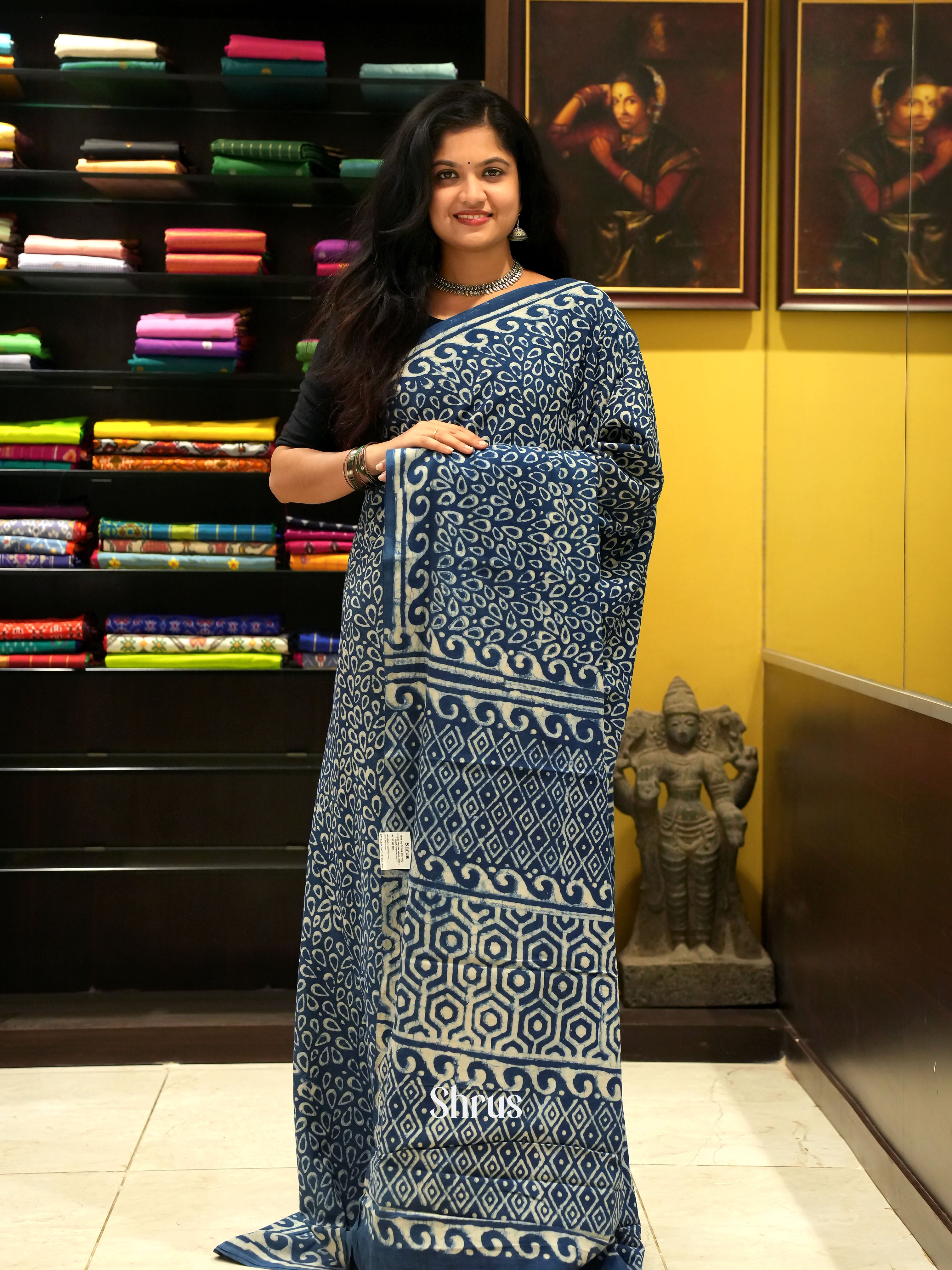 Dark Blue(Single Tone) - Jaipur cotton Saree - Shop on ShrusEternity.com
