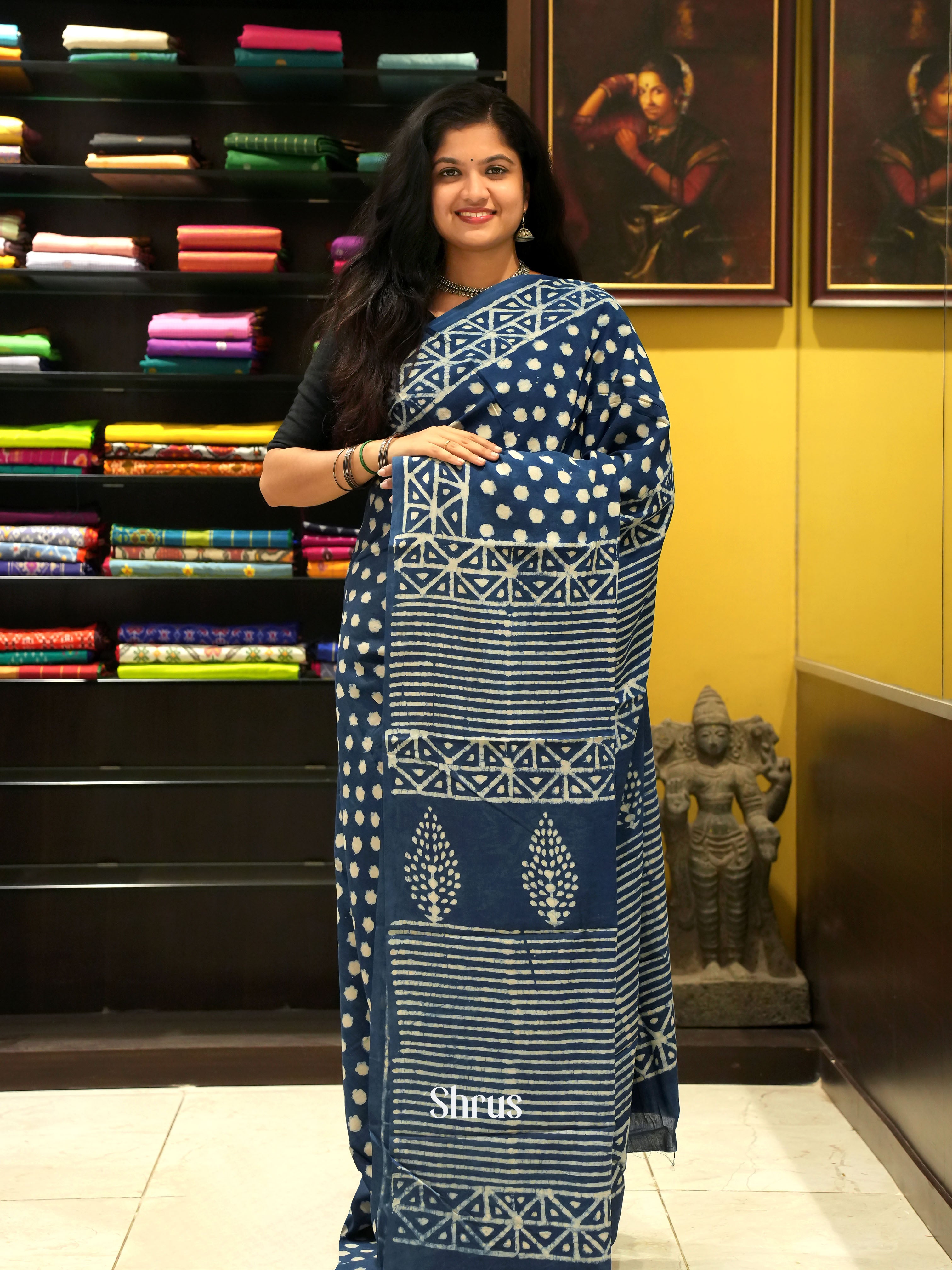 Dark Blue(Single Tone)- Jaipur cotton Saree - Shop on ShrusEternity.com
