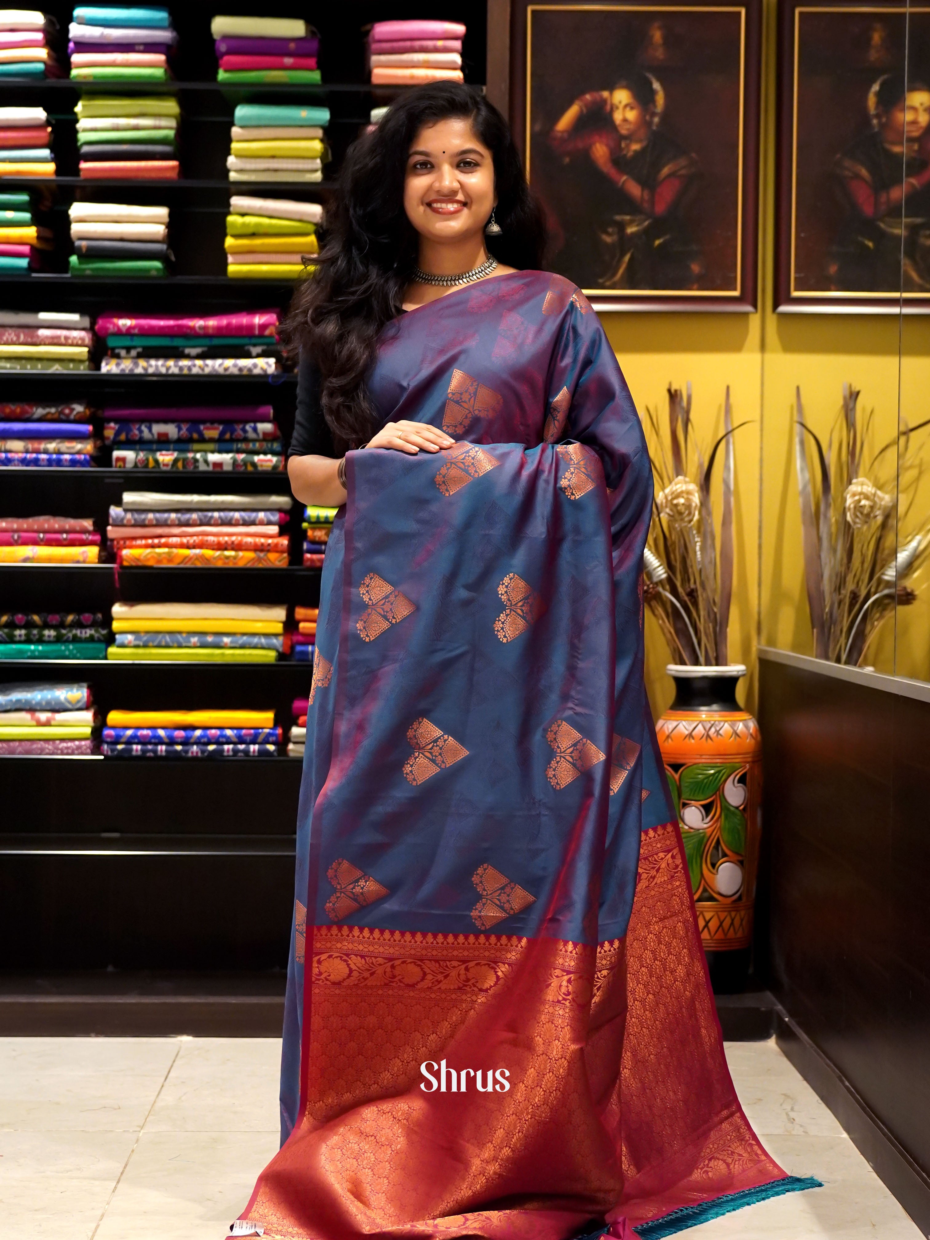 Double shaded blue and pink - Semi soft silk Saree - Shop on ShrusEternity.com