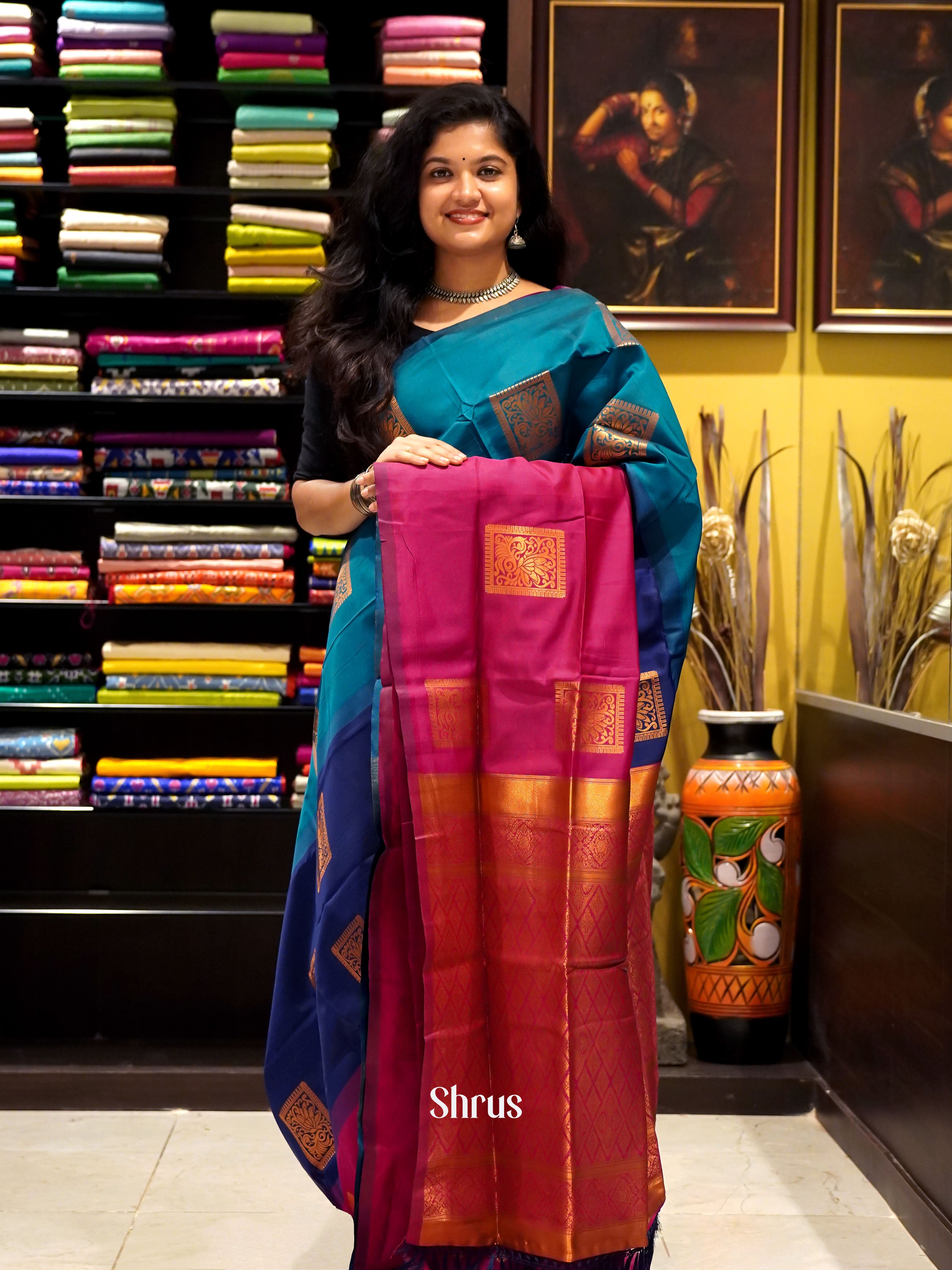 Pink , Blue- Semi Softsilk Saree - Shop on ShrusEternity.com