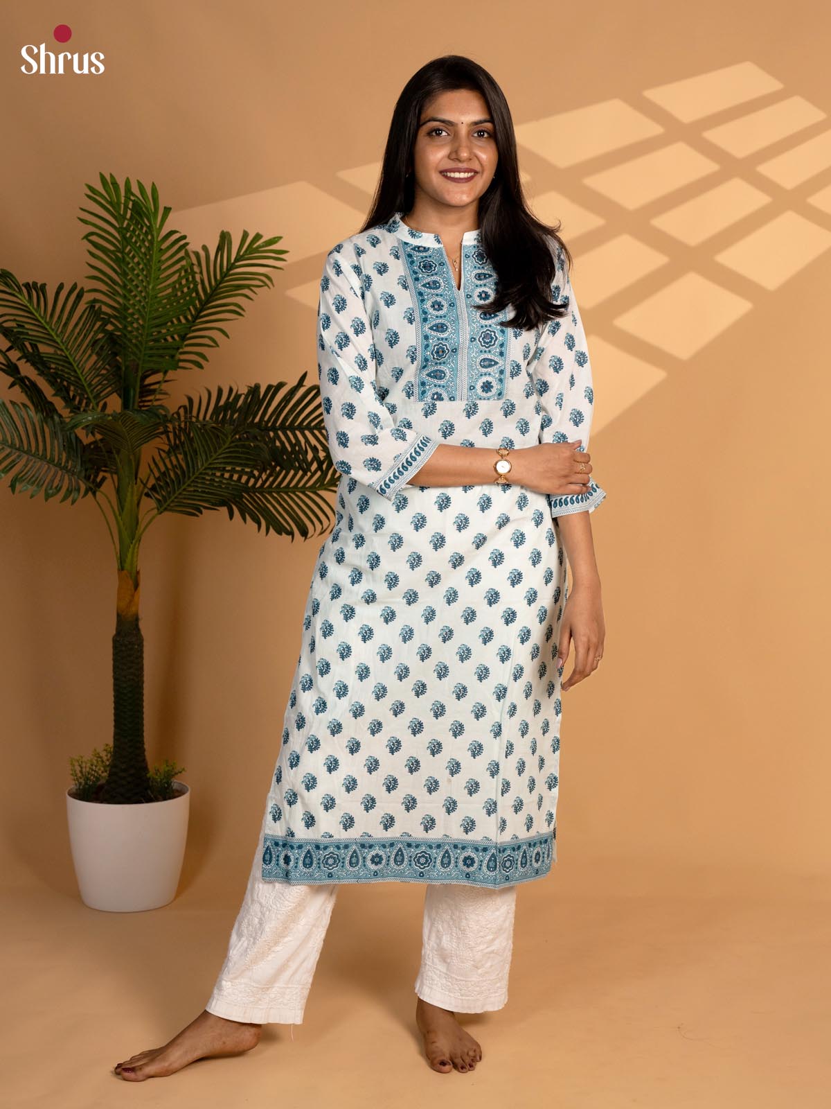 White & Blue - Printed Readymade Kurti - Shop on ShrusEternity.com