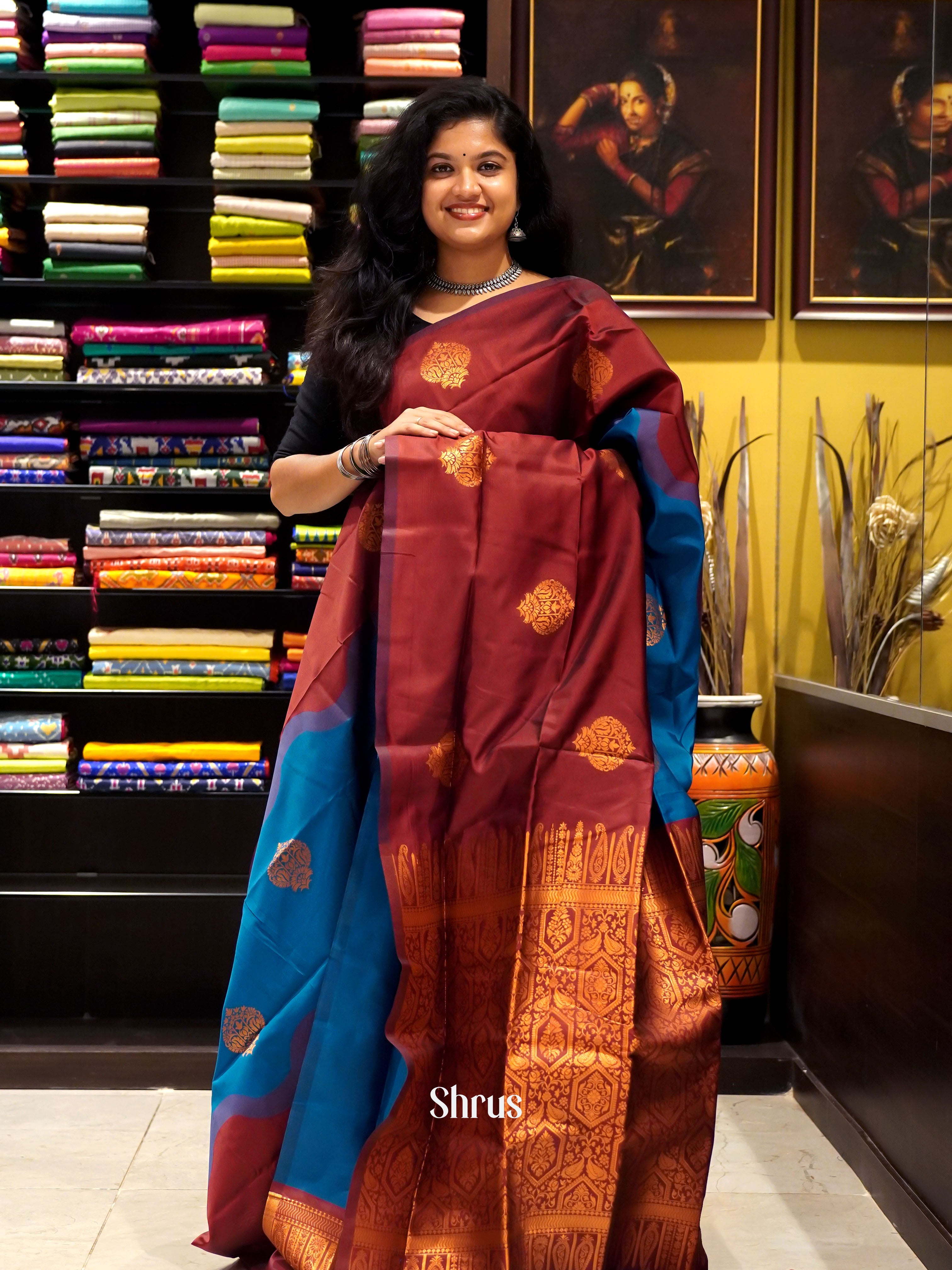 Blue And Arakku Maroon-Semi soft silk saree - Shop on ShrusEternity.com