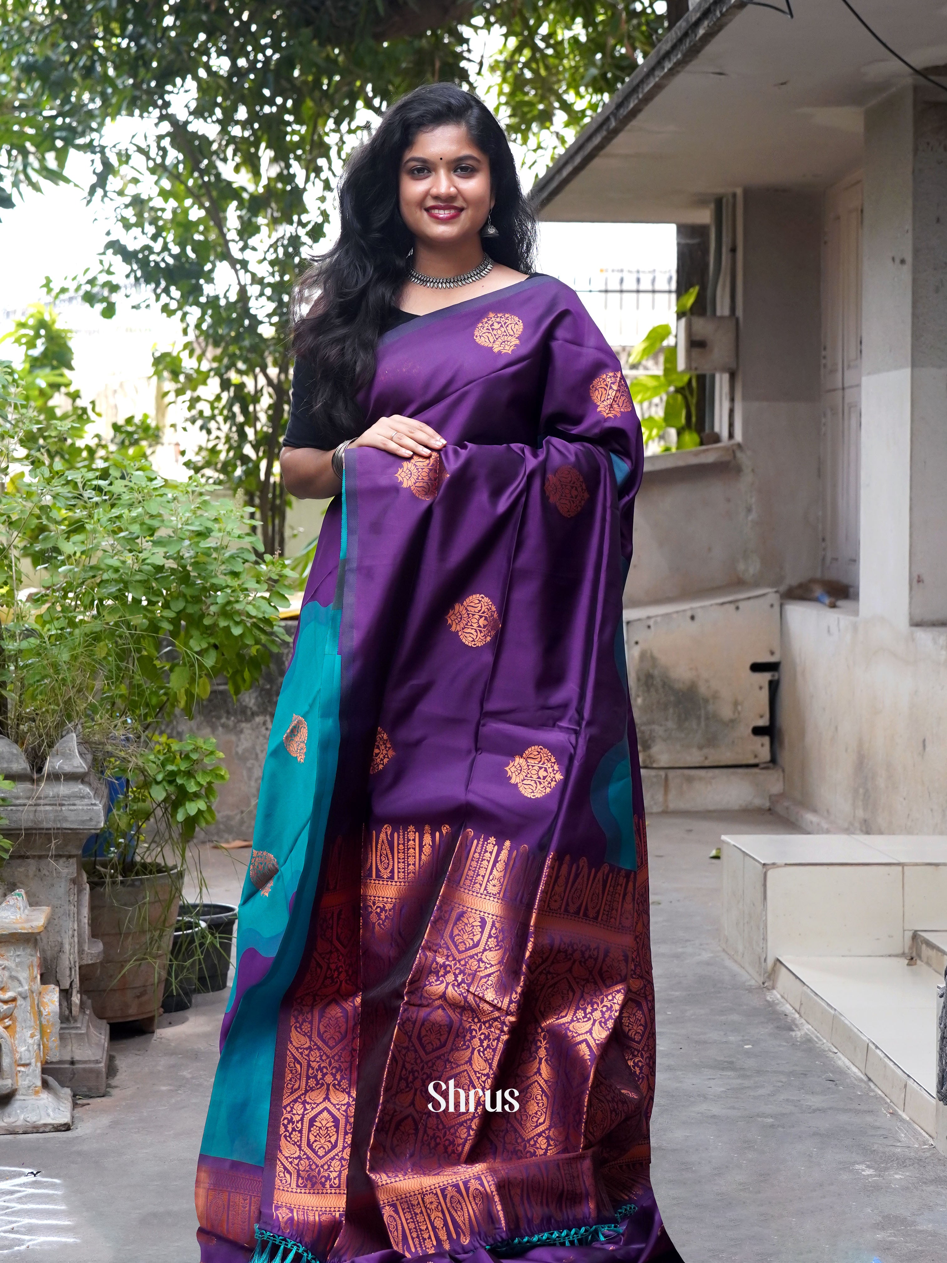 Peacock Neck And Wine- Semi Soft Silk saree - Shop on ShrusEternity.com