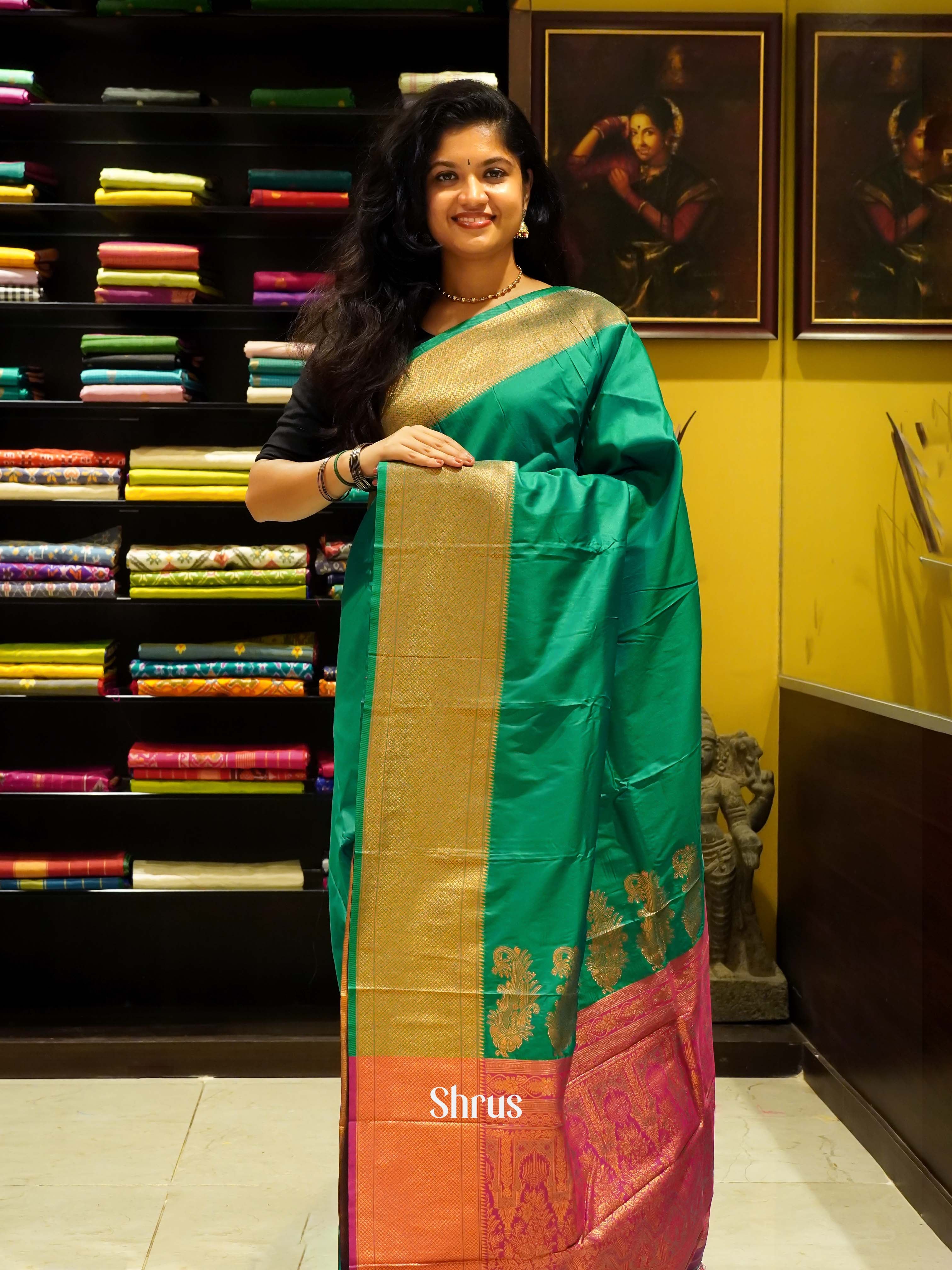 Green And Pink- Semi Kanchipuram Saree - Shop on ShrusEternity.com
