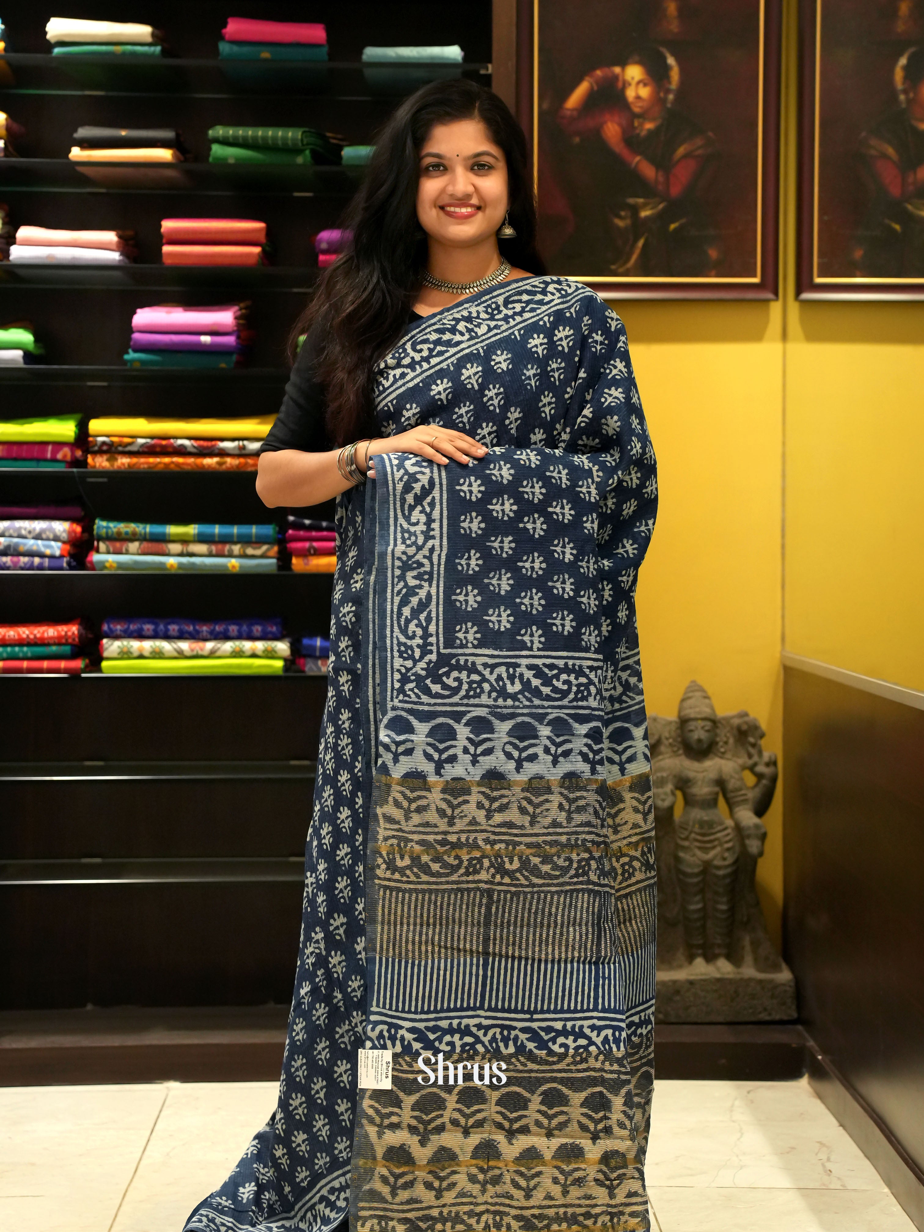 Navy Blue(Single tone)-Jaipur cotton Saree - Shop on ShrusEternity.com