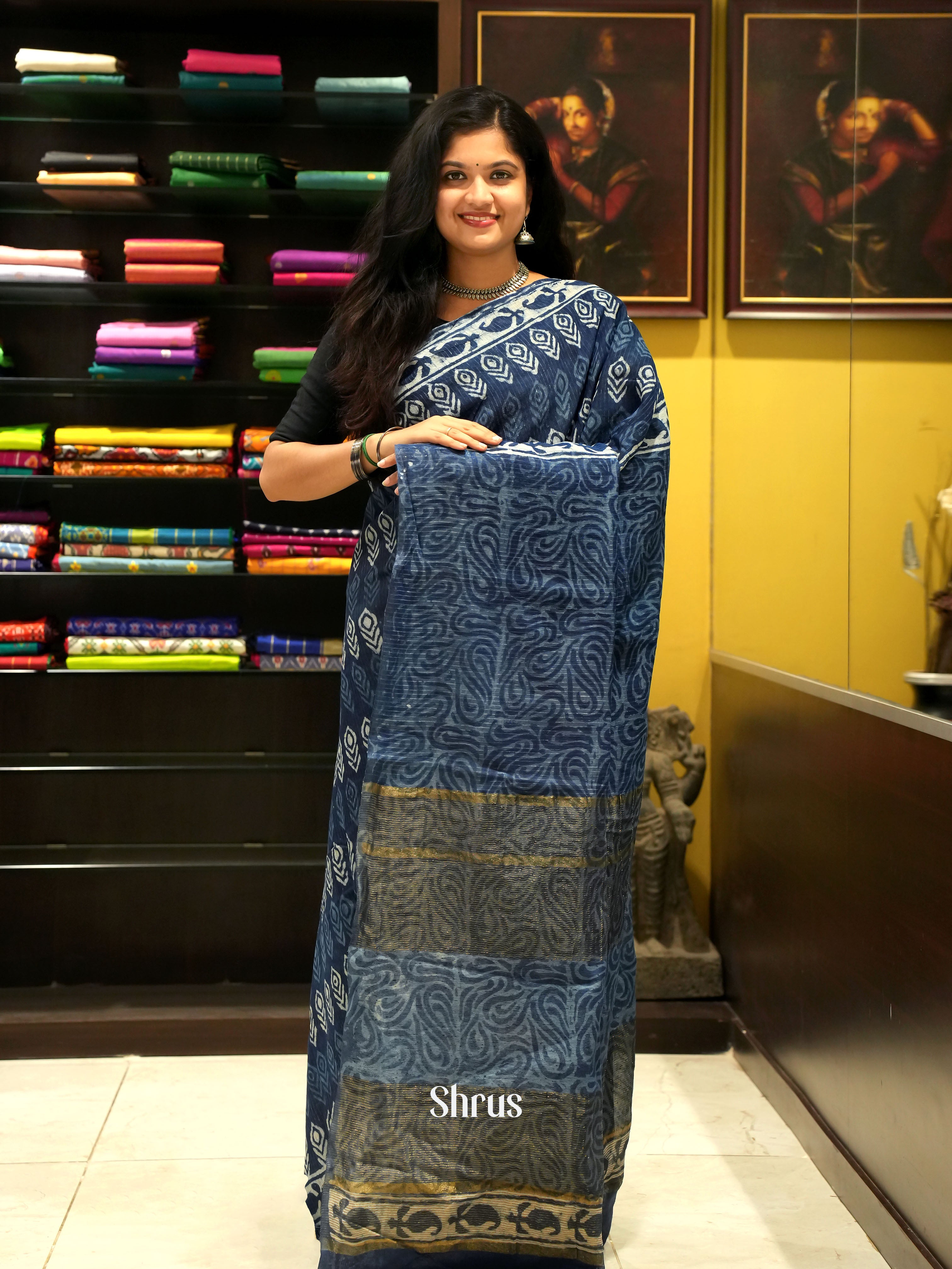 Blue - Jaipur cotton Saree - Shop on ShrusEternity.com