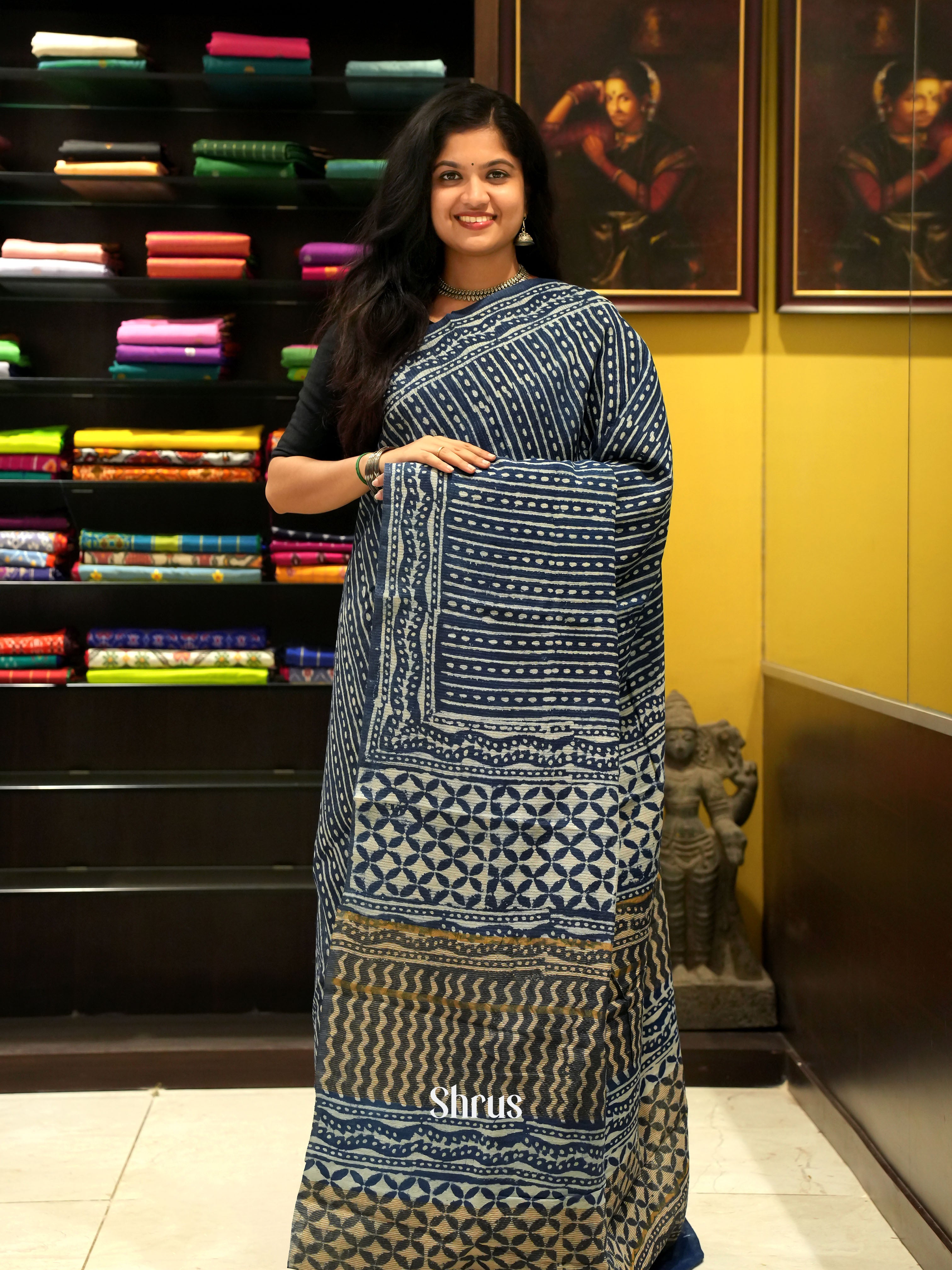 Navy Blue(Single Tone)- Jaipur cotton Saree - Shop on ShrusEternity.com