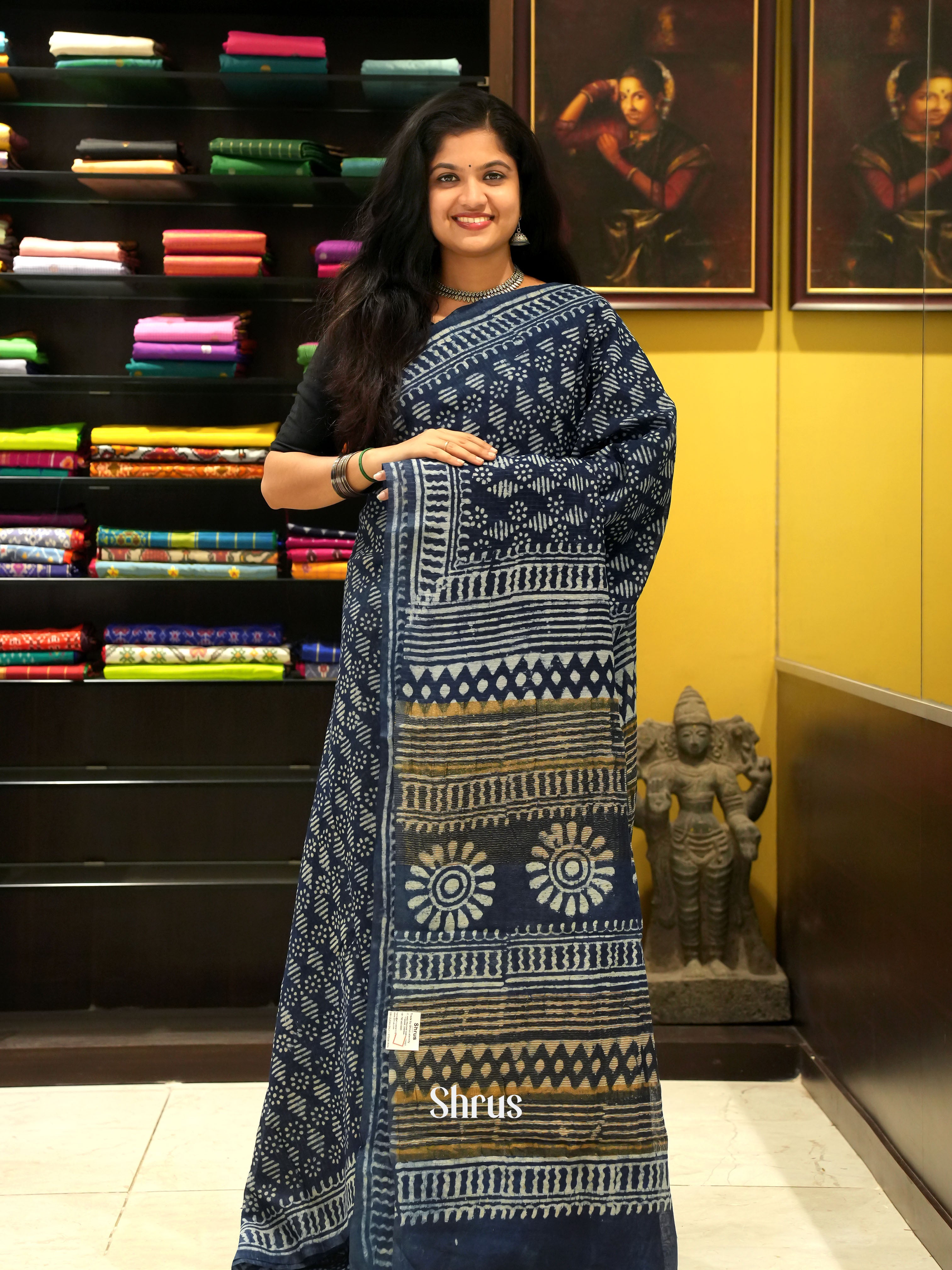 Navy Blue (Single Tone) - Jaipur cotton Saree - Shop on ShrusEternity.com