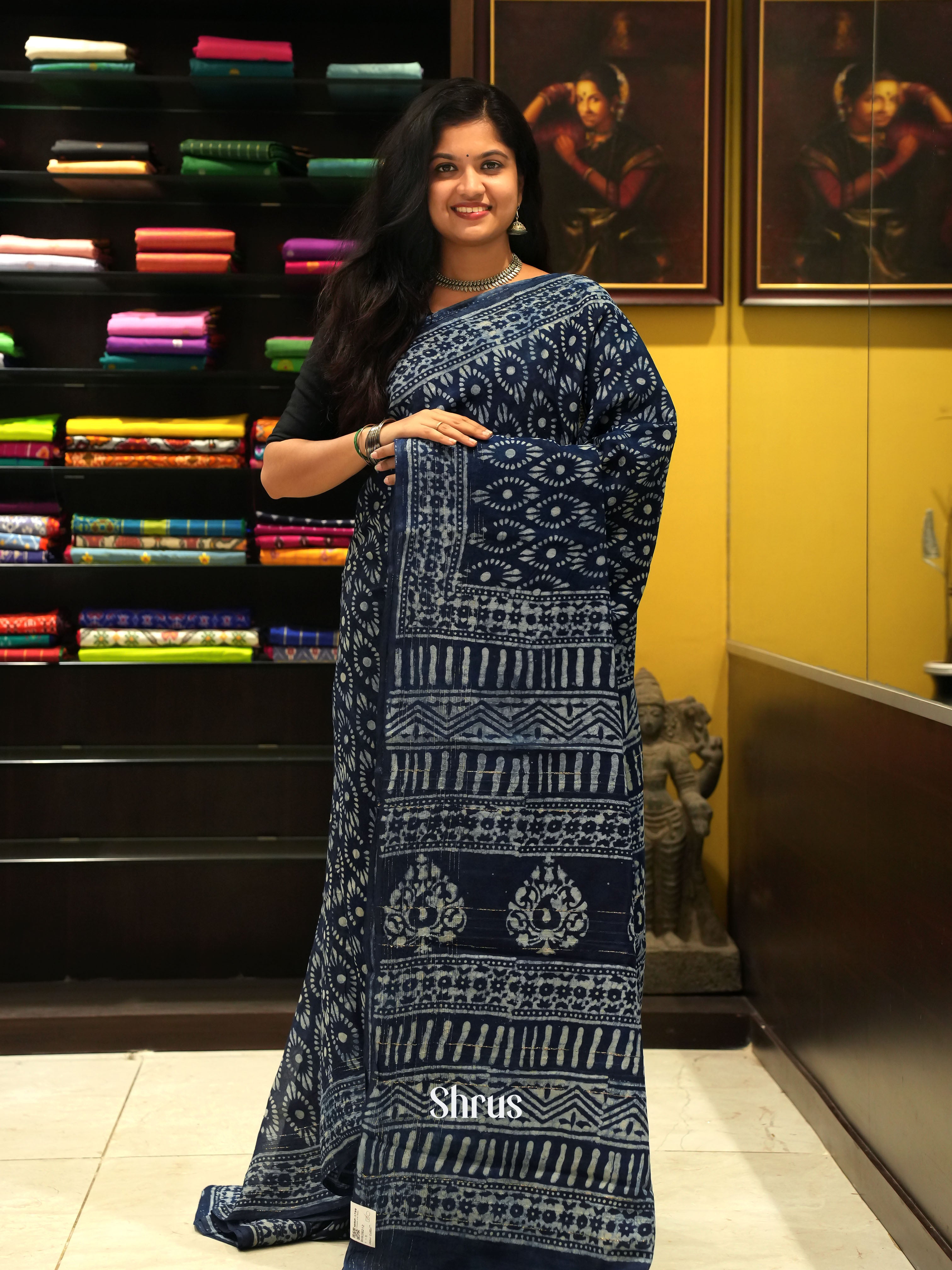 Navy Blue(Single Tone) - Jaipur cotton Saree - Shop on ShrusEternity.com