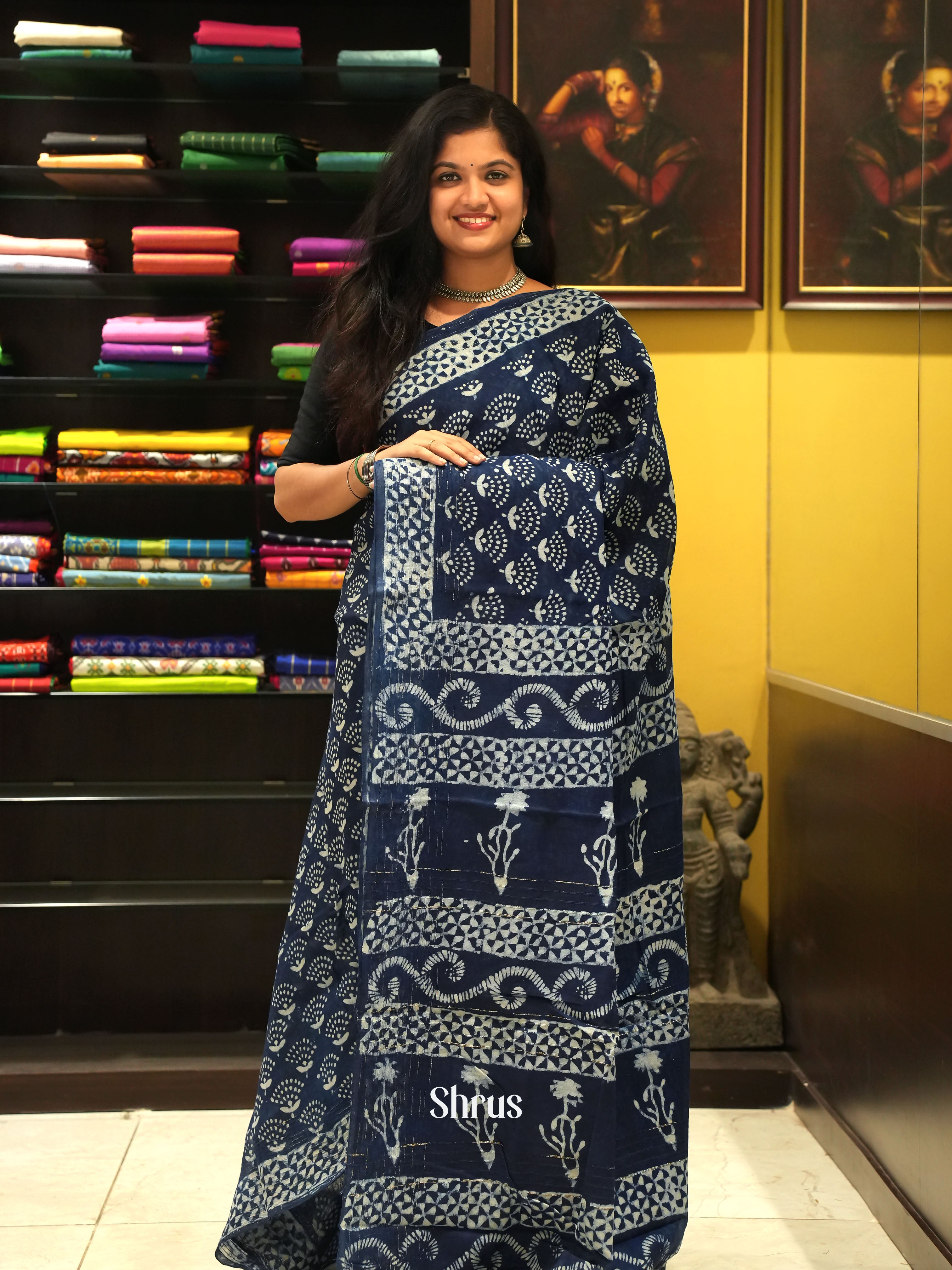 Navy Blue(Single Tone) - Jaipur cotton Saree - Shop on ShrusEternity.com