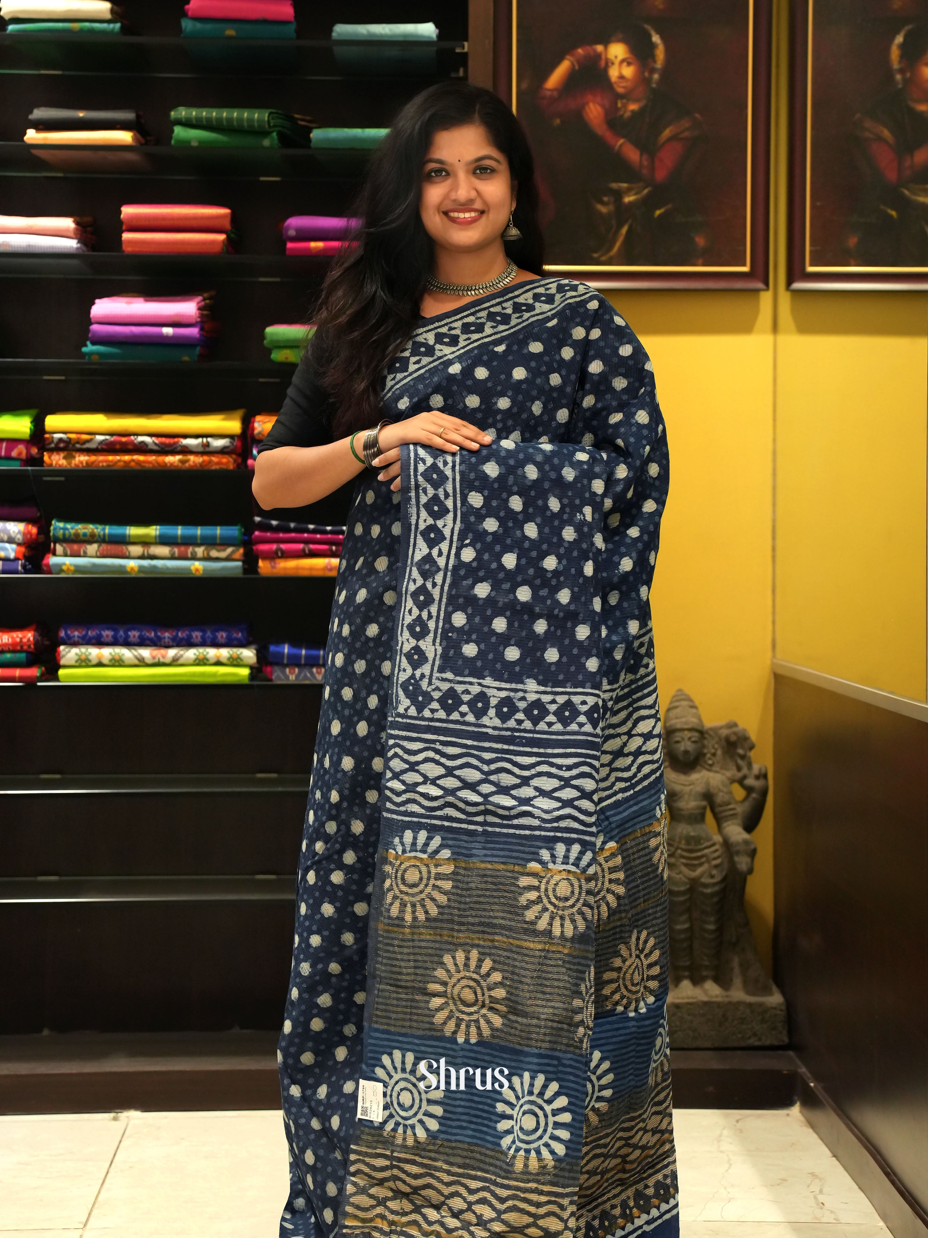Navy Blue(Single Tone) - Jaipur cotton Saree - Shop on ShrusEternity.com
