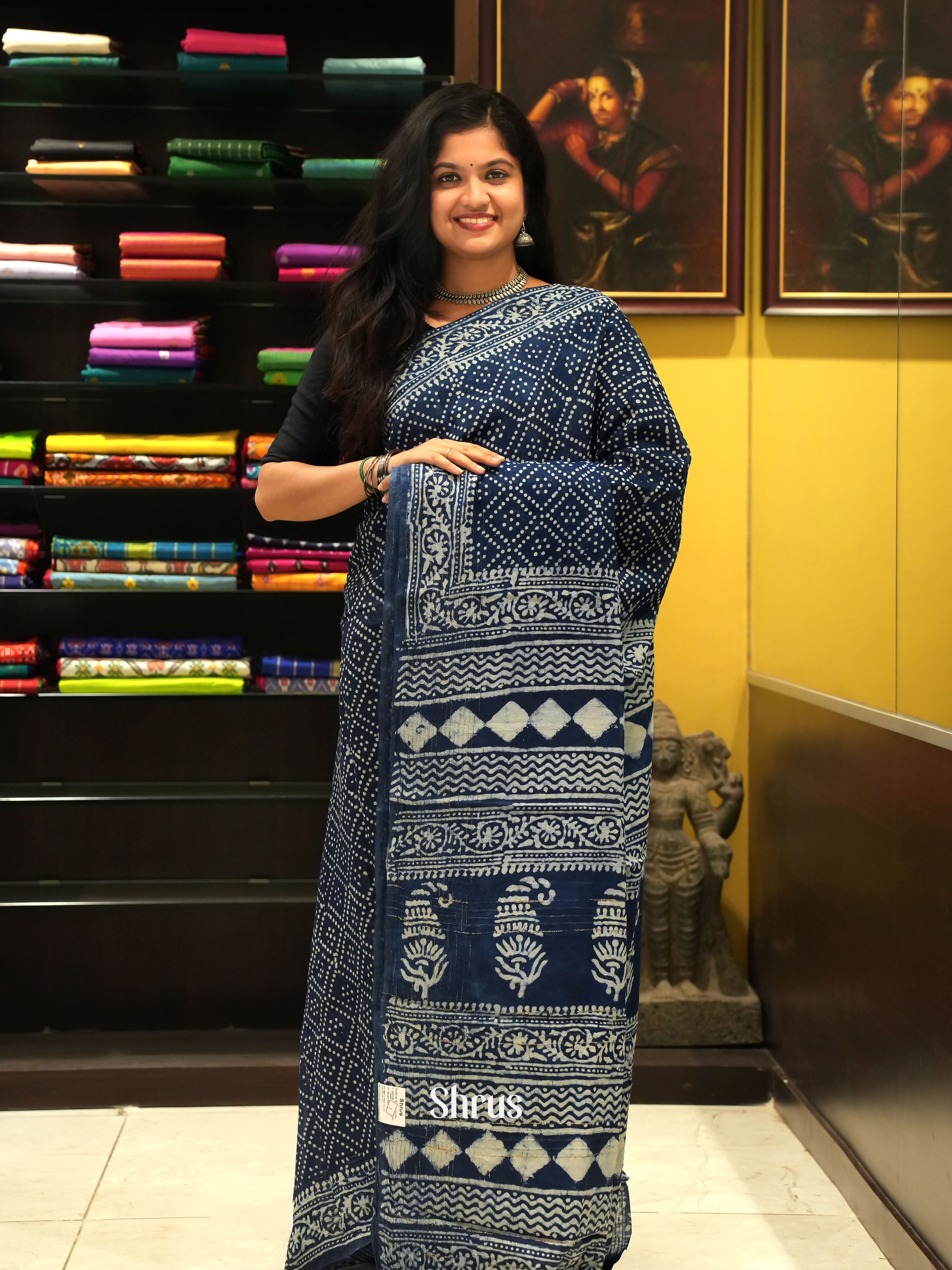 Navy Blue(Single Tone) - Jaipur cotton Saree - Shop on ShrusEternity.com