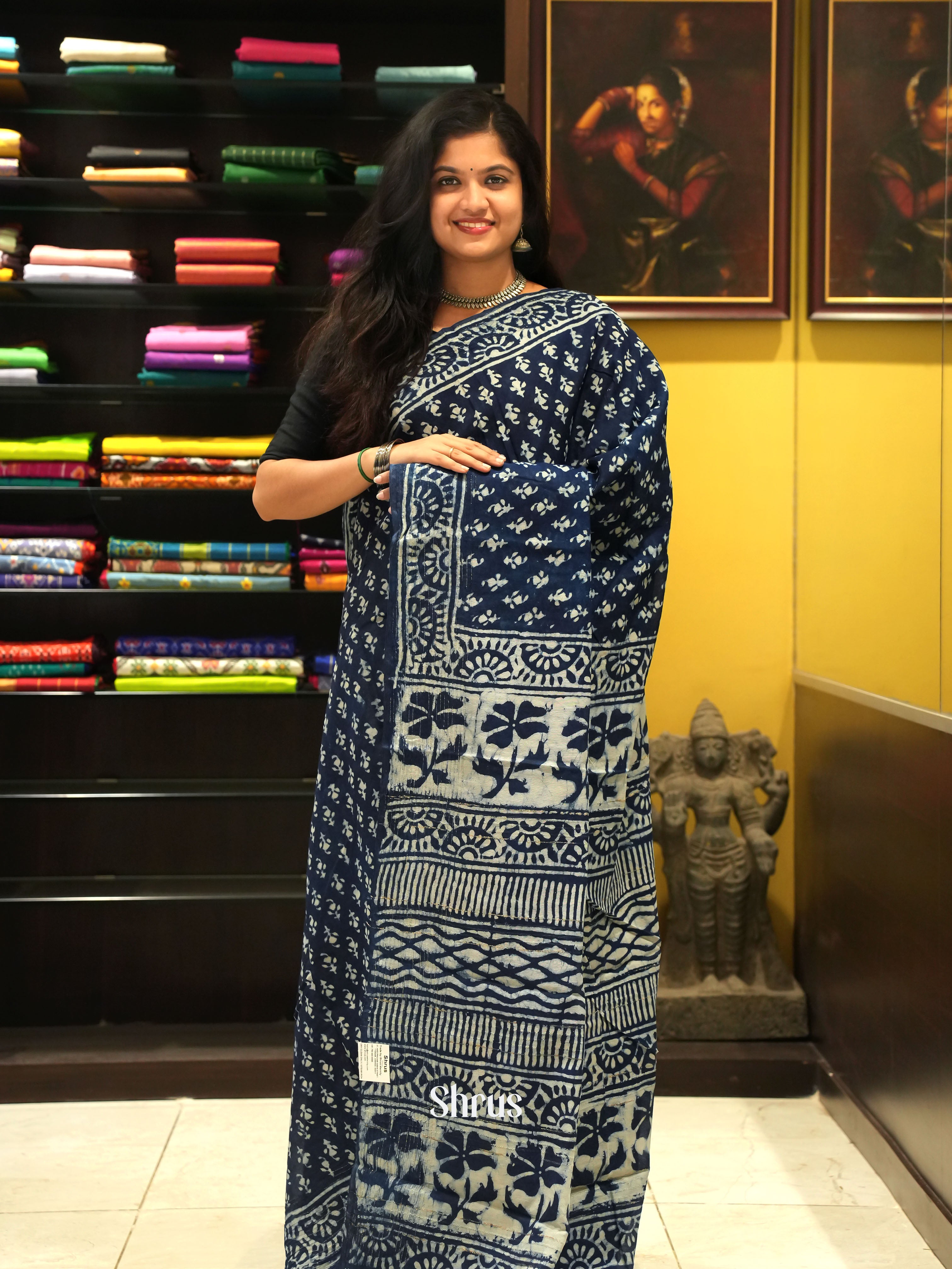 Navy Blue(Single Tone) - Jaipur cotton Saree - Shop on ShrusEternity.com