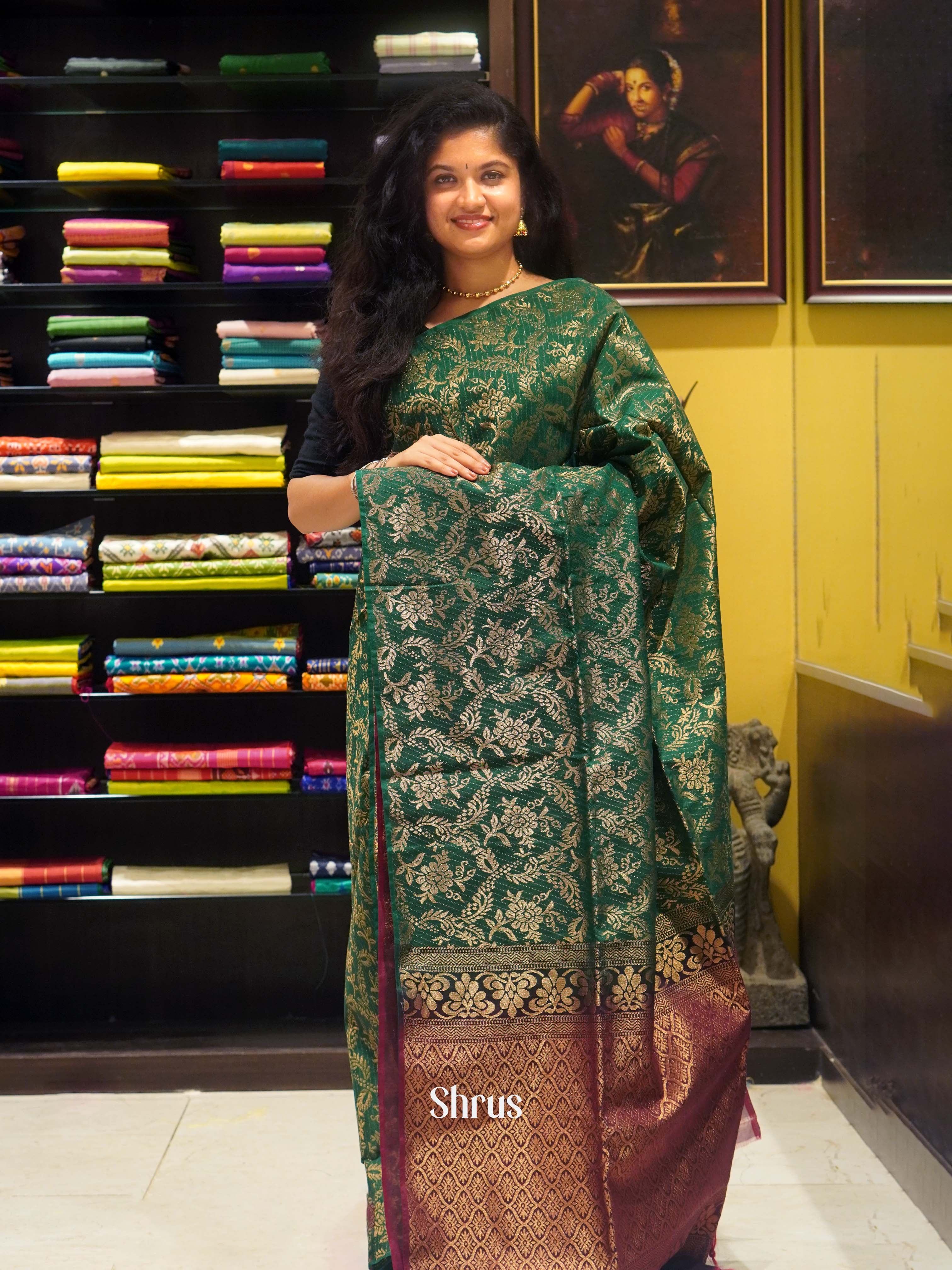 Green & Maroon - Semi Silkcotton Saree - Shop on ShrusEternity.com