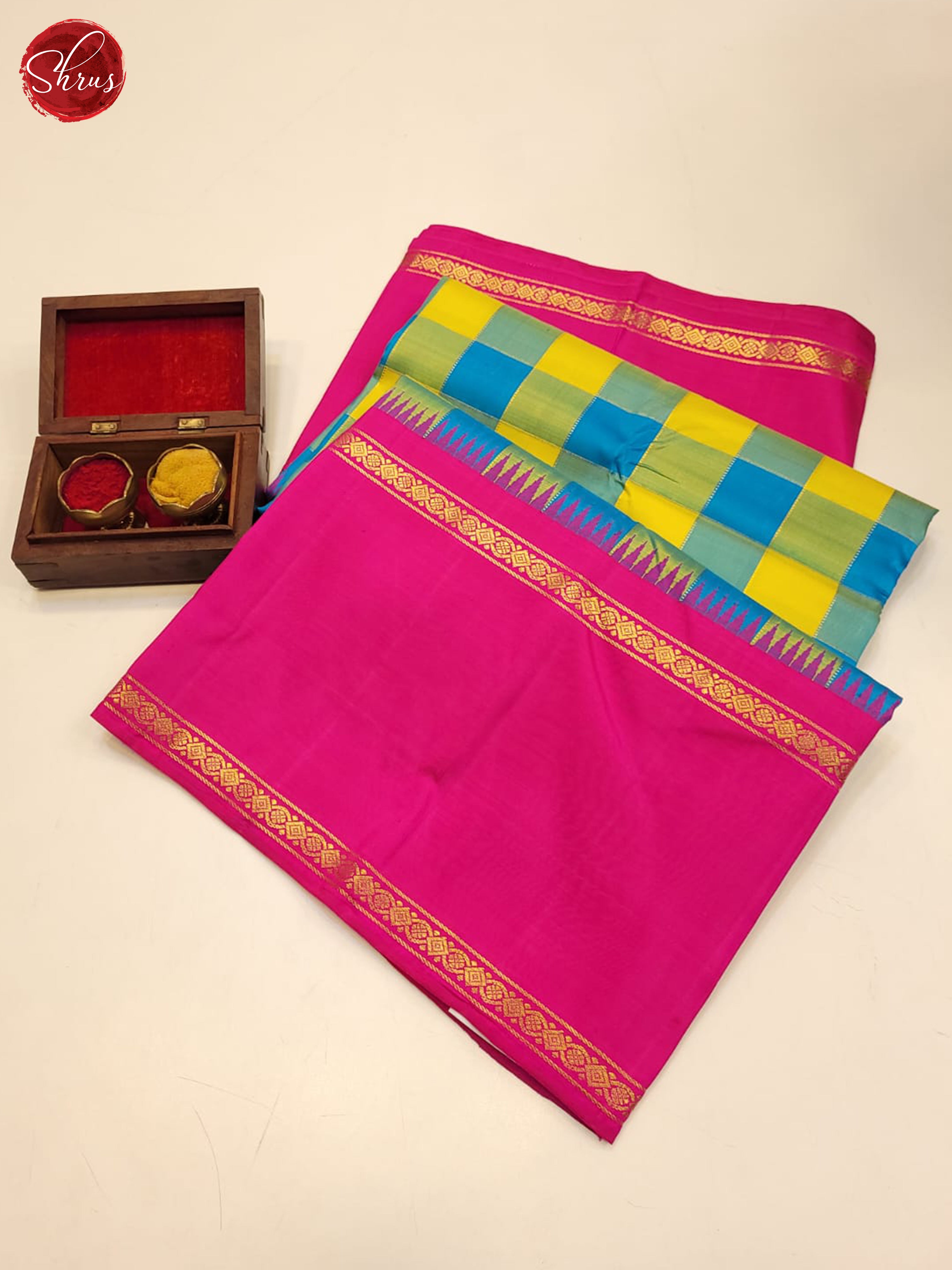 Yellow, Blue and Pink Korvai Kanchipuram silk Saree Featuring a Charming Checkered Design-3