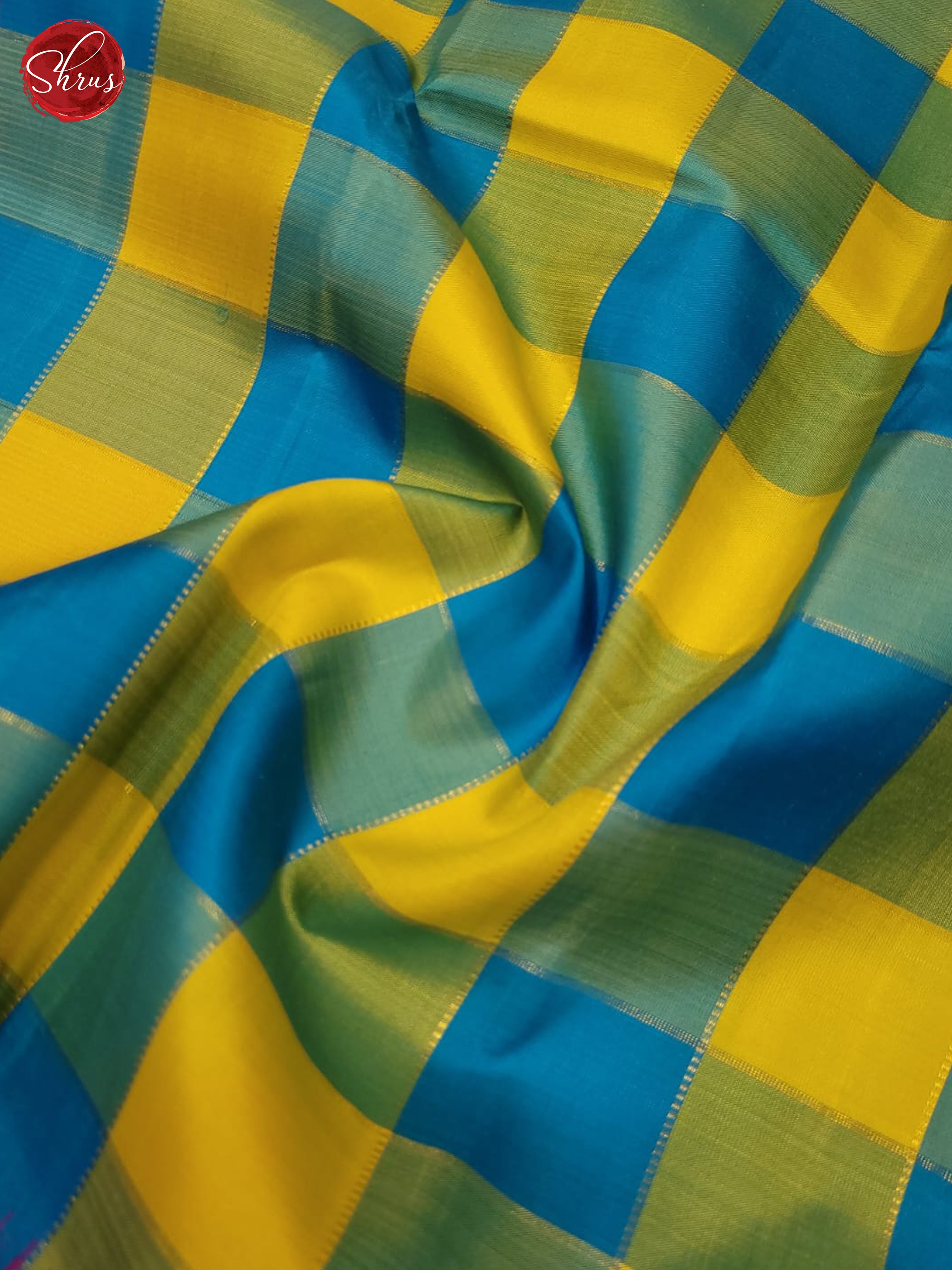 Yellow, Blue and Pink Korvai Kanchipuram silk Saree Featuring a Charming Checkered Design-6