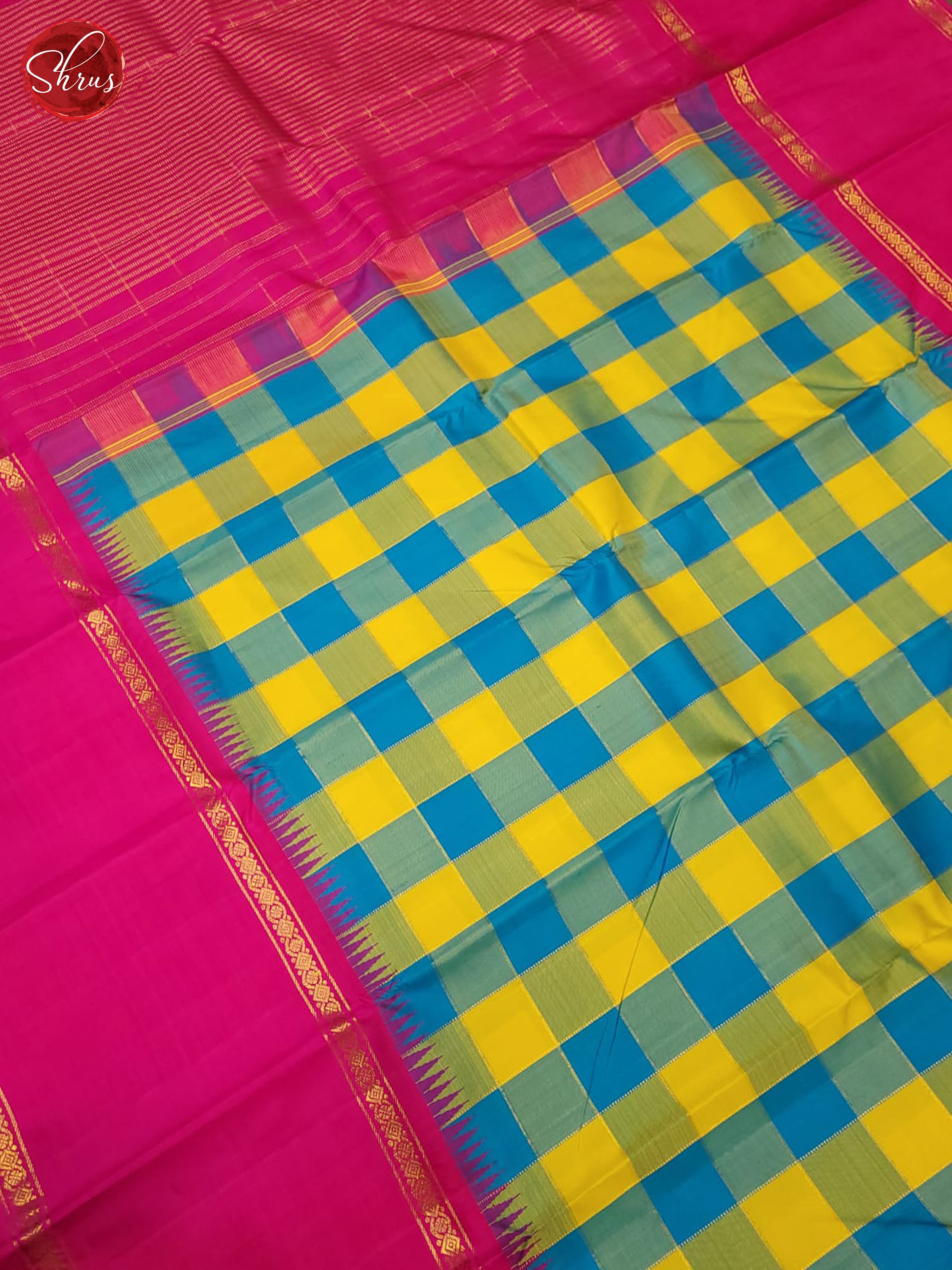 Yellow, Blue and Pink Korvai Kanchipuram silk Saree Featuring a Charming Checkered Design-5