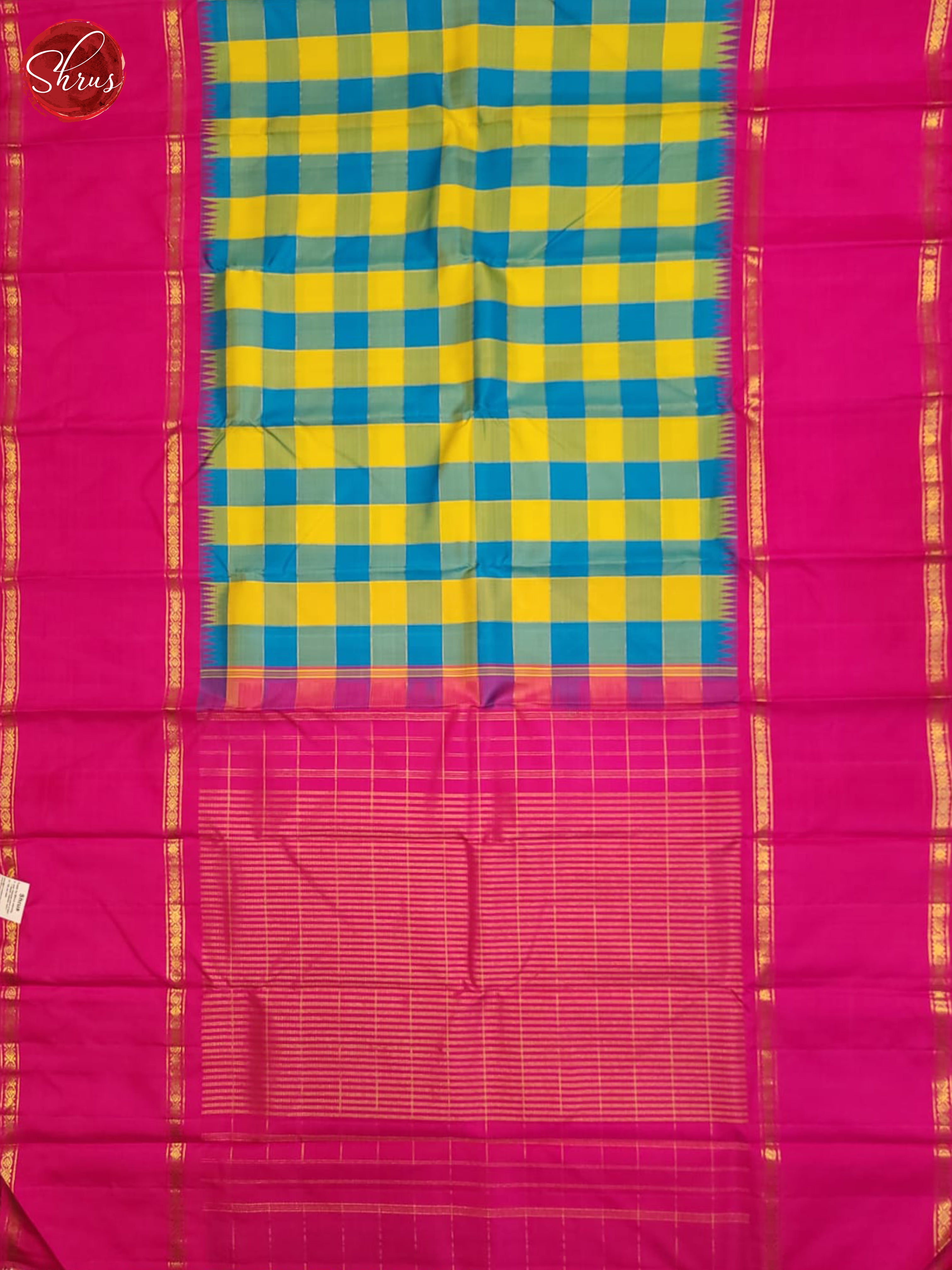 Yellow, Blue and Pink Korvai Kanchipuram silk Saree Featuring a Charming Checkered Design-4