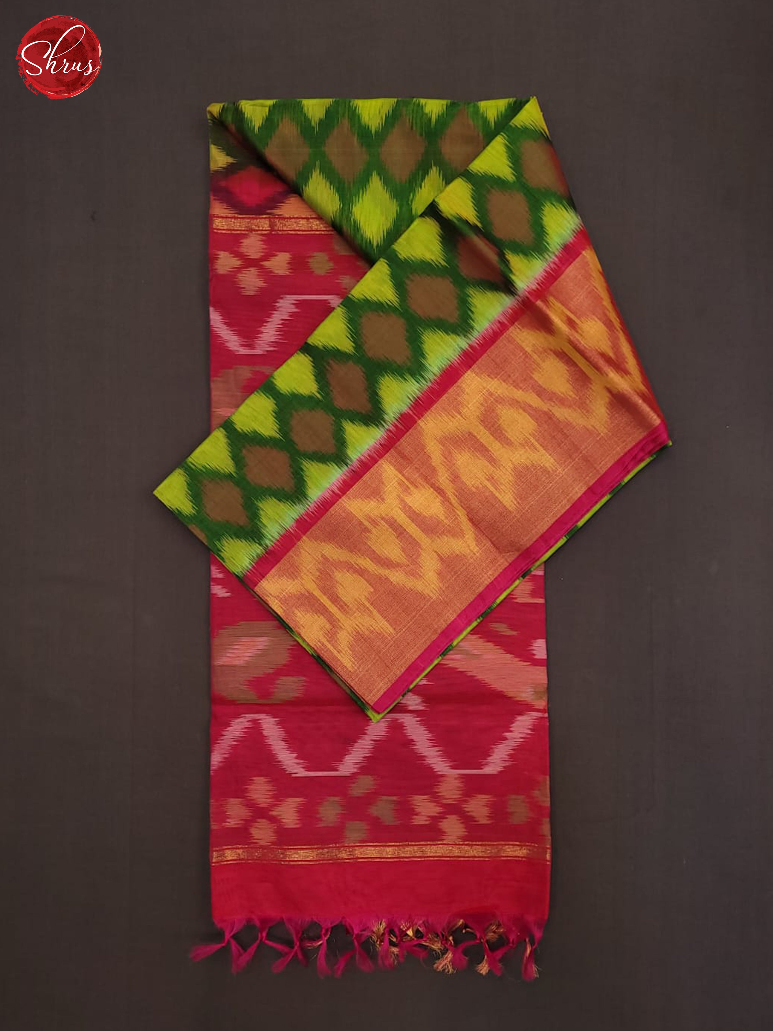 Green and pink-Pochampally Silk Cotton Saree - Shop on ShrusEternity.com