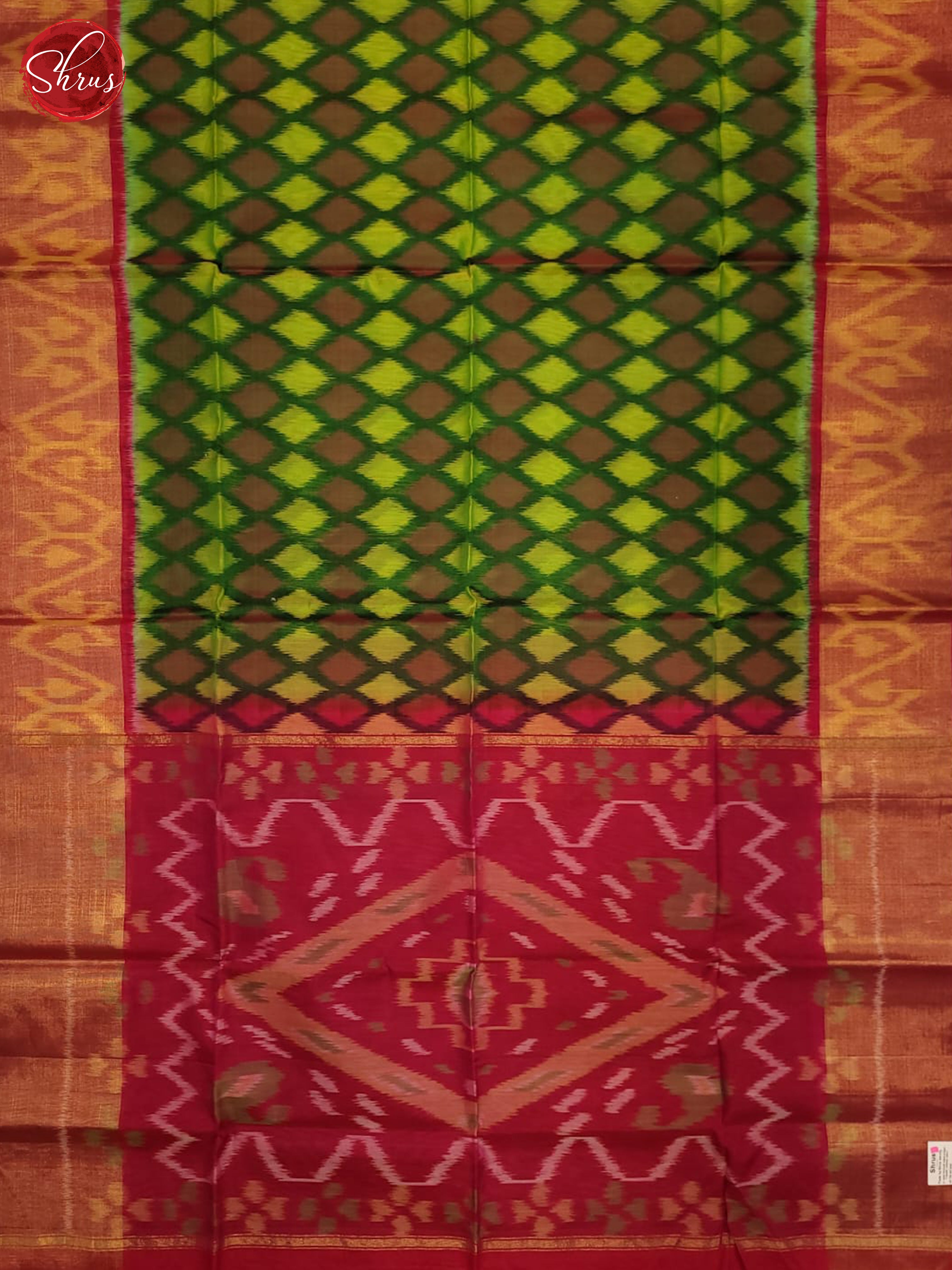 Green and pink-Pochampally Silk Cotton Saree - Shop on ShrusEternity.com
