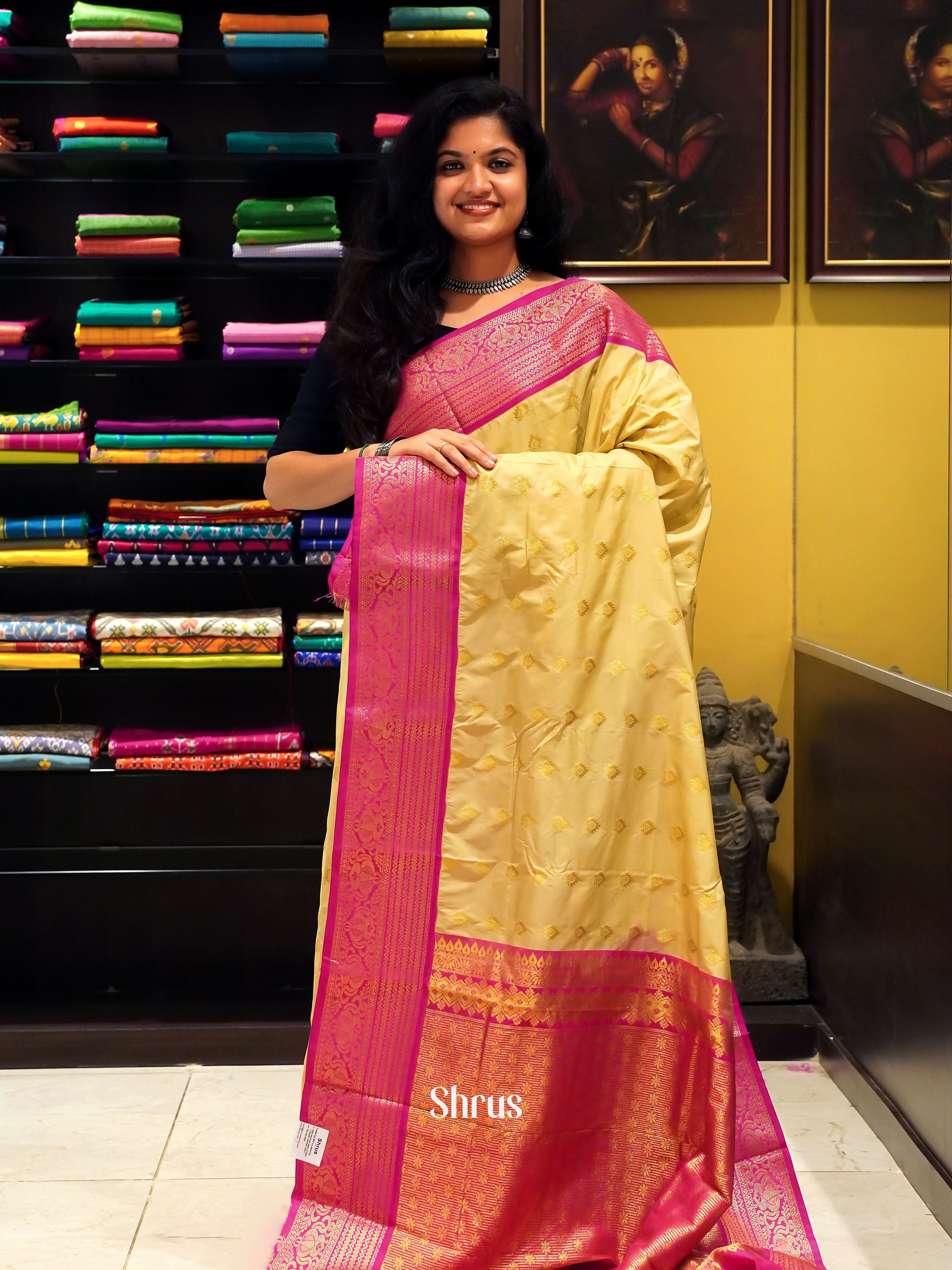 Beige & Pink - Semi KanchipuramSilk Saree - Shop on ShrusEternity.com