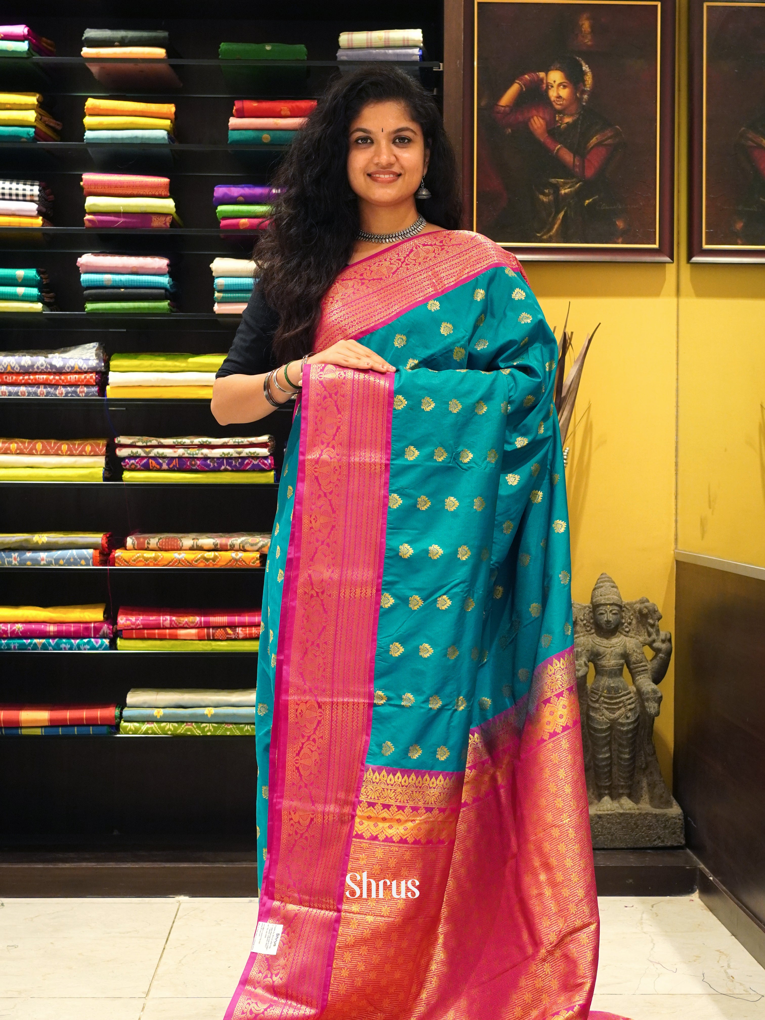 Green & Pink -Semi Kanchipuram Saree - Shop on ShrusEternity.com