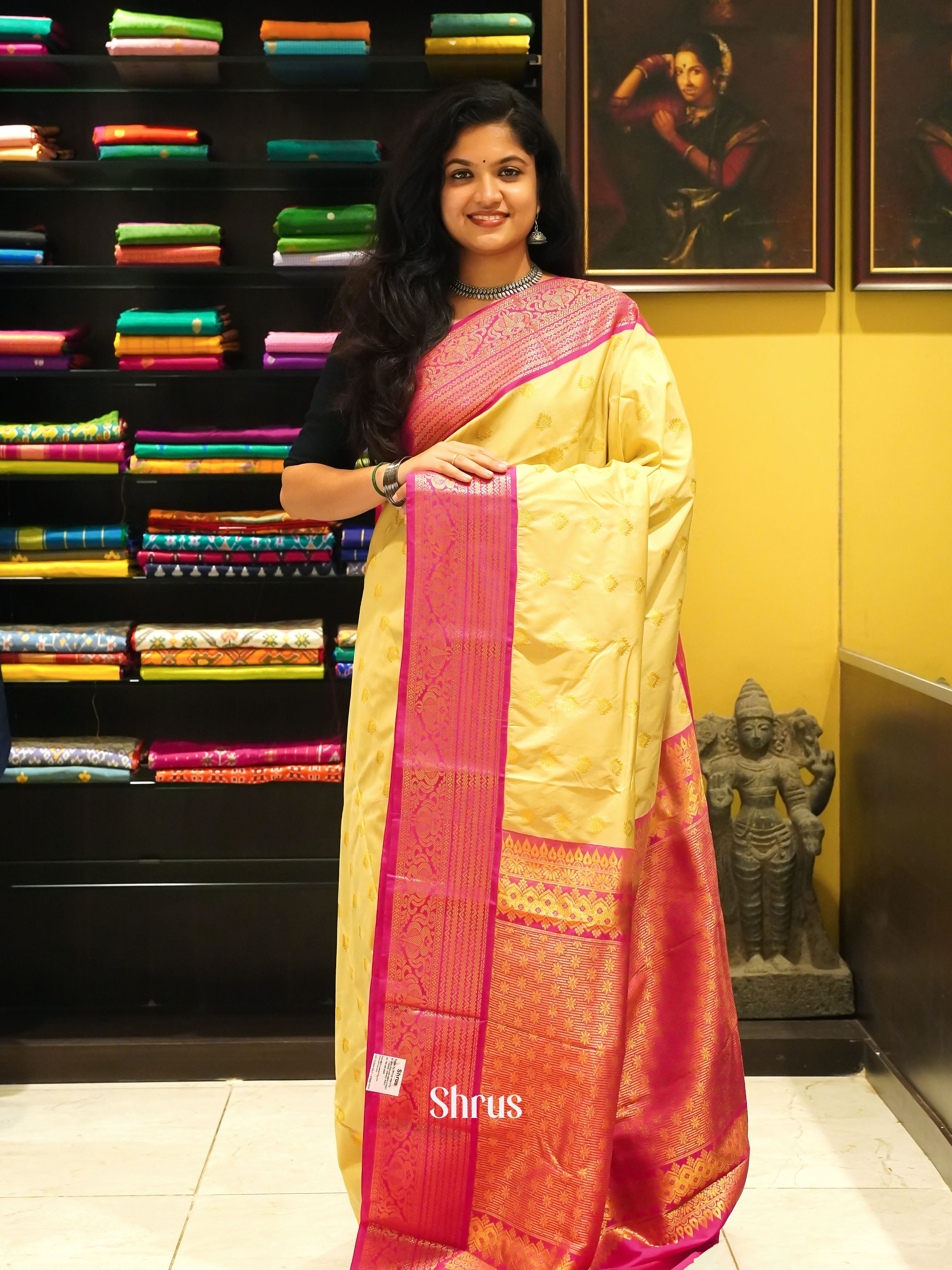 Cream & Pink - Semi Kanchipuram Saree - Shop on ShrusEternity.com