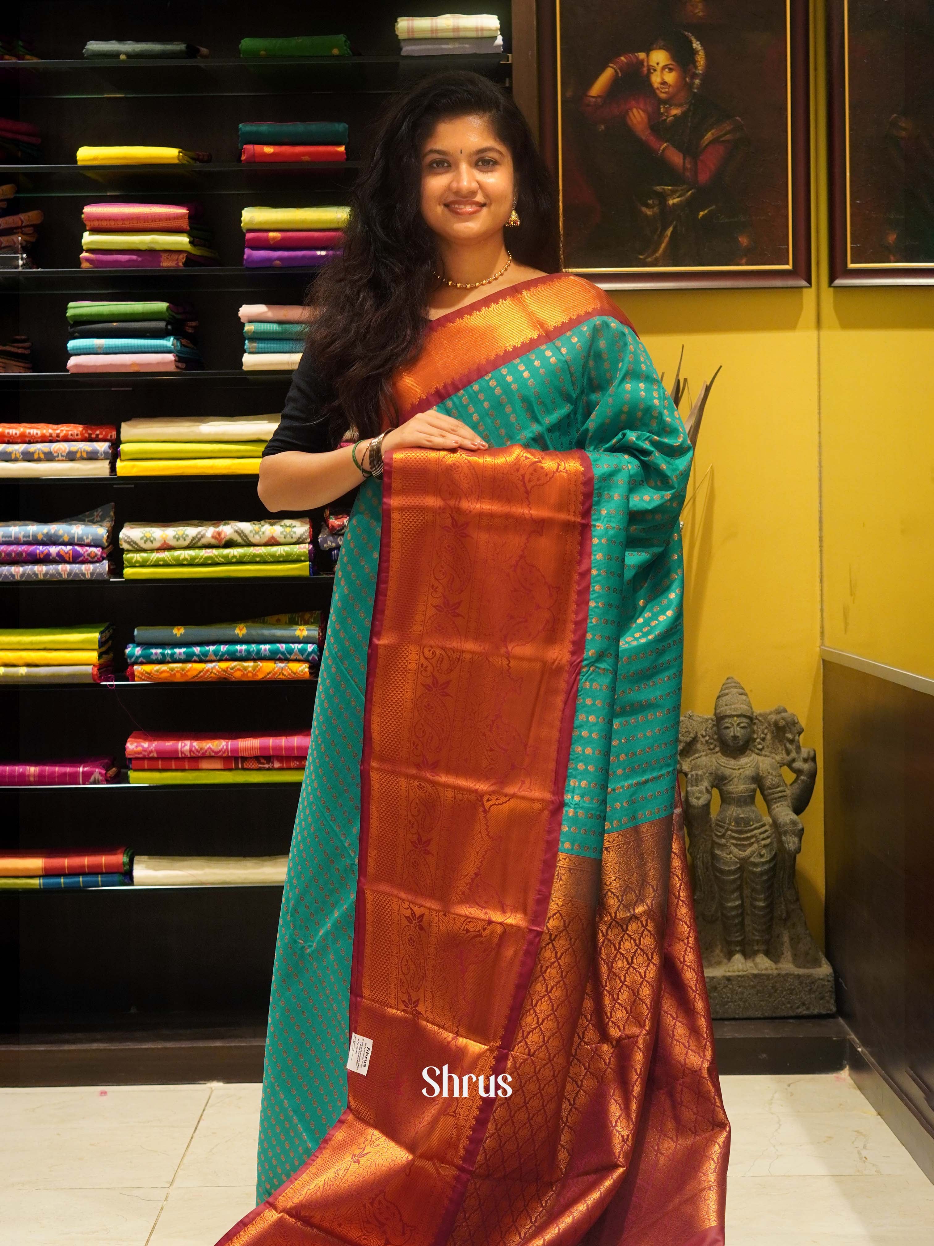 Teal Green & Arakku Maroon - Semi Kanchipuram Saree - Shop on ShrusEternity.com