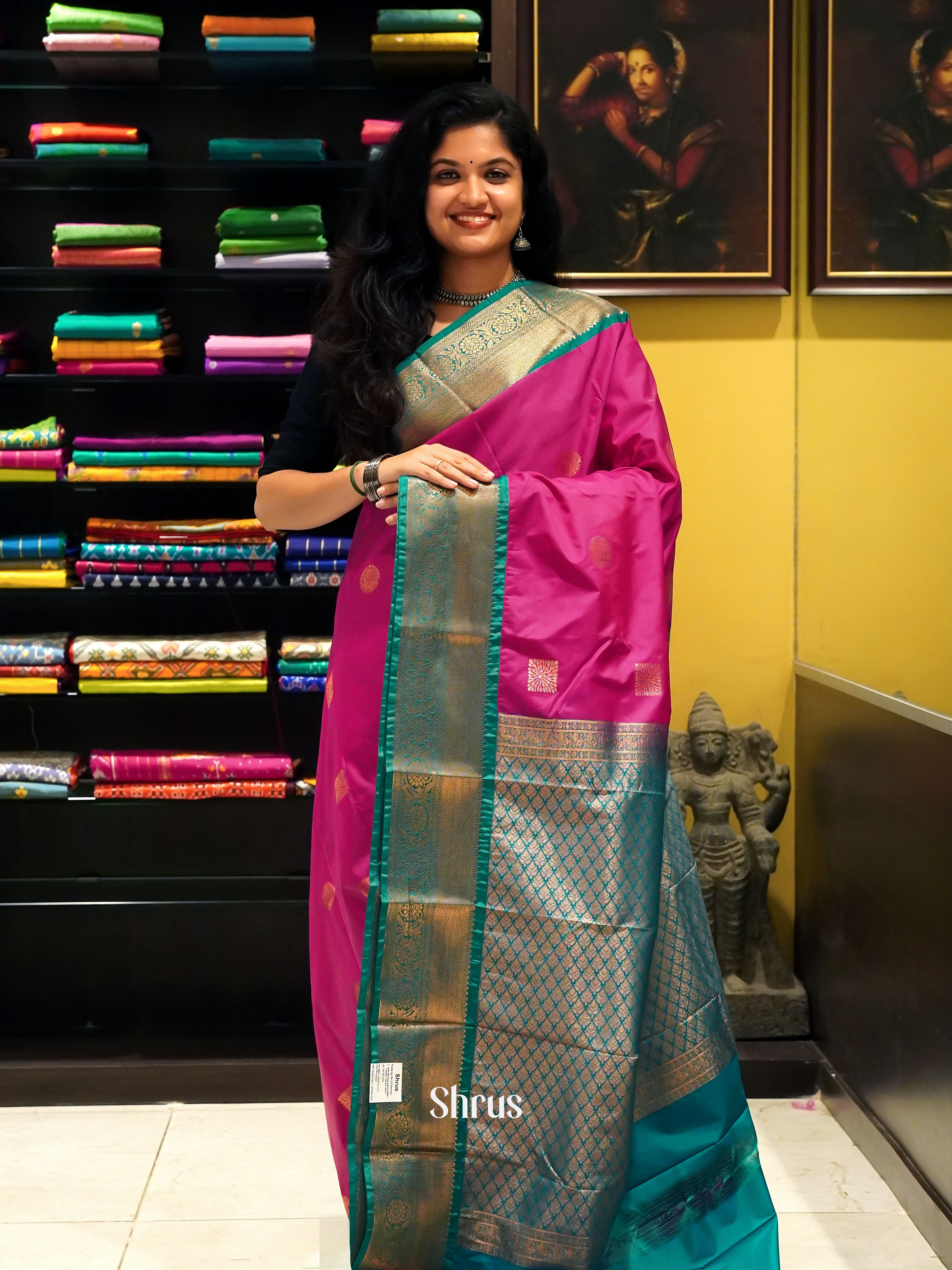 Pink & Green - Semi Kanchipuram Saree - Shop on ShrusEternity.com