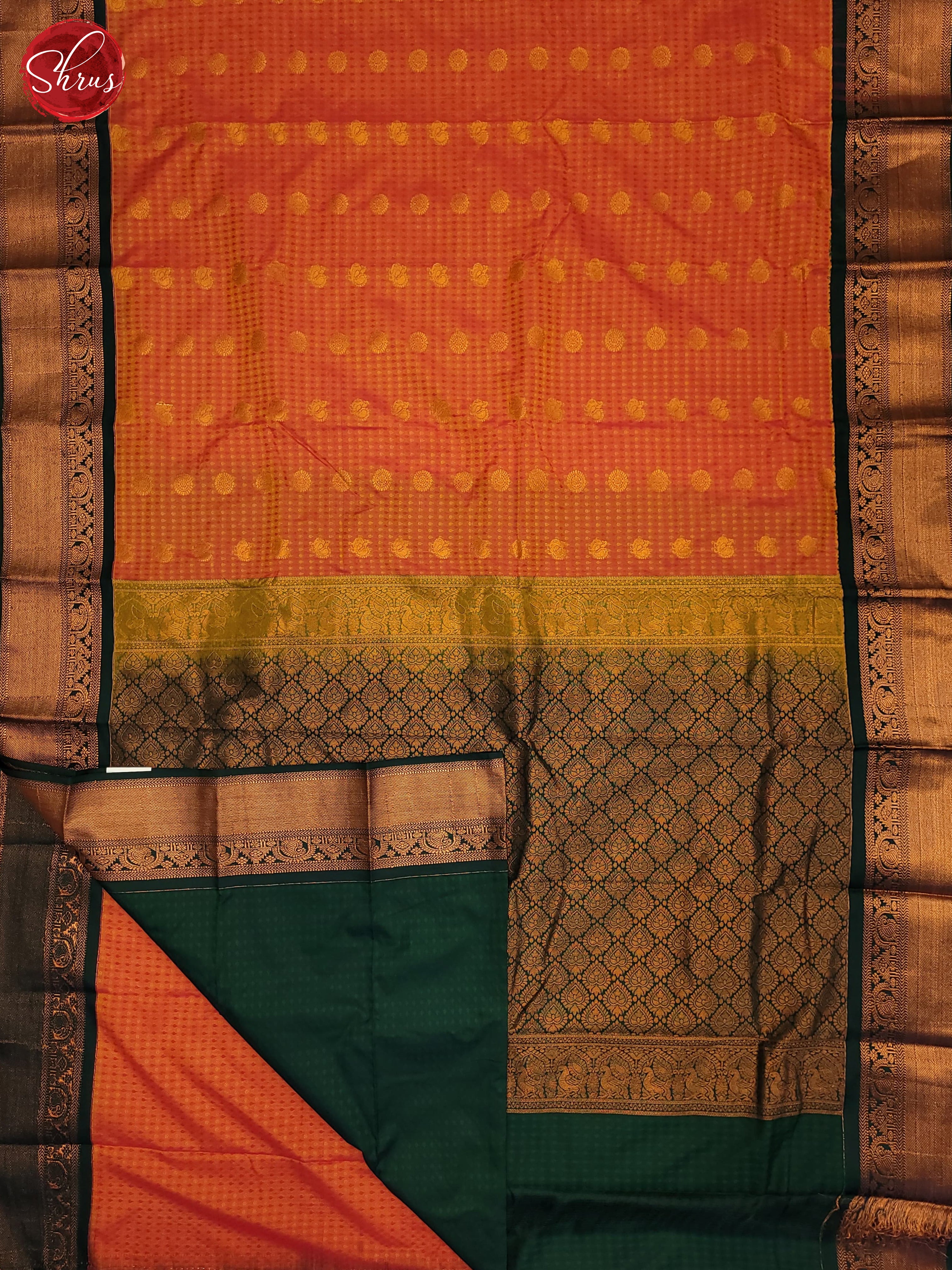 Orange & Green -Semi Kanchipuram Saree - Shop on ShrusEternity.com