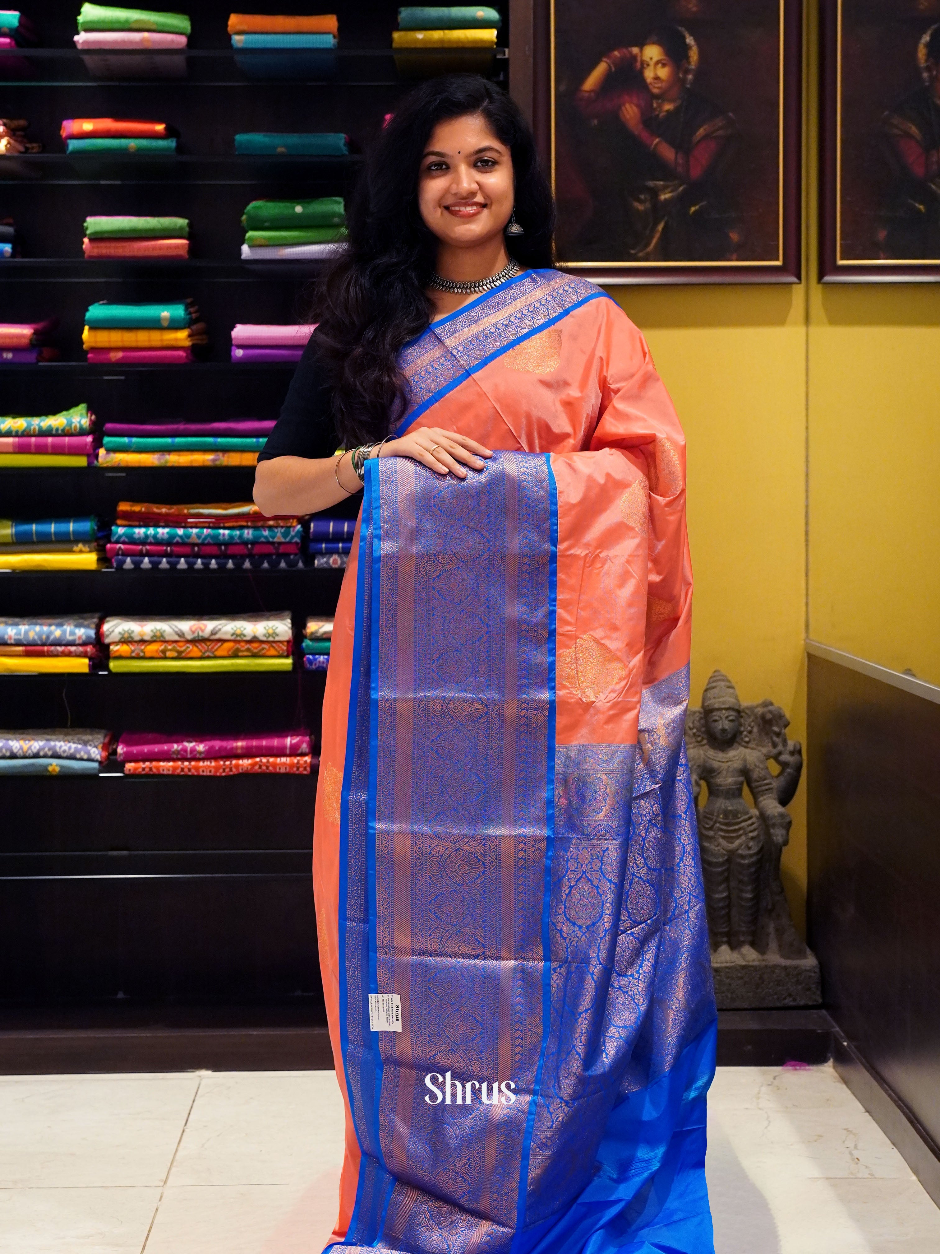 Peach & Blue - Semi Kanchipuram Saree - Shop on ShrusEternity.com