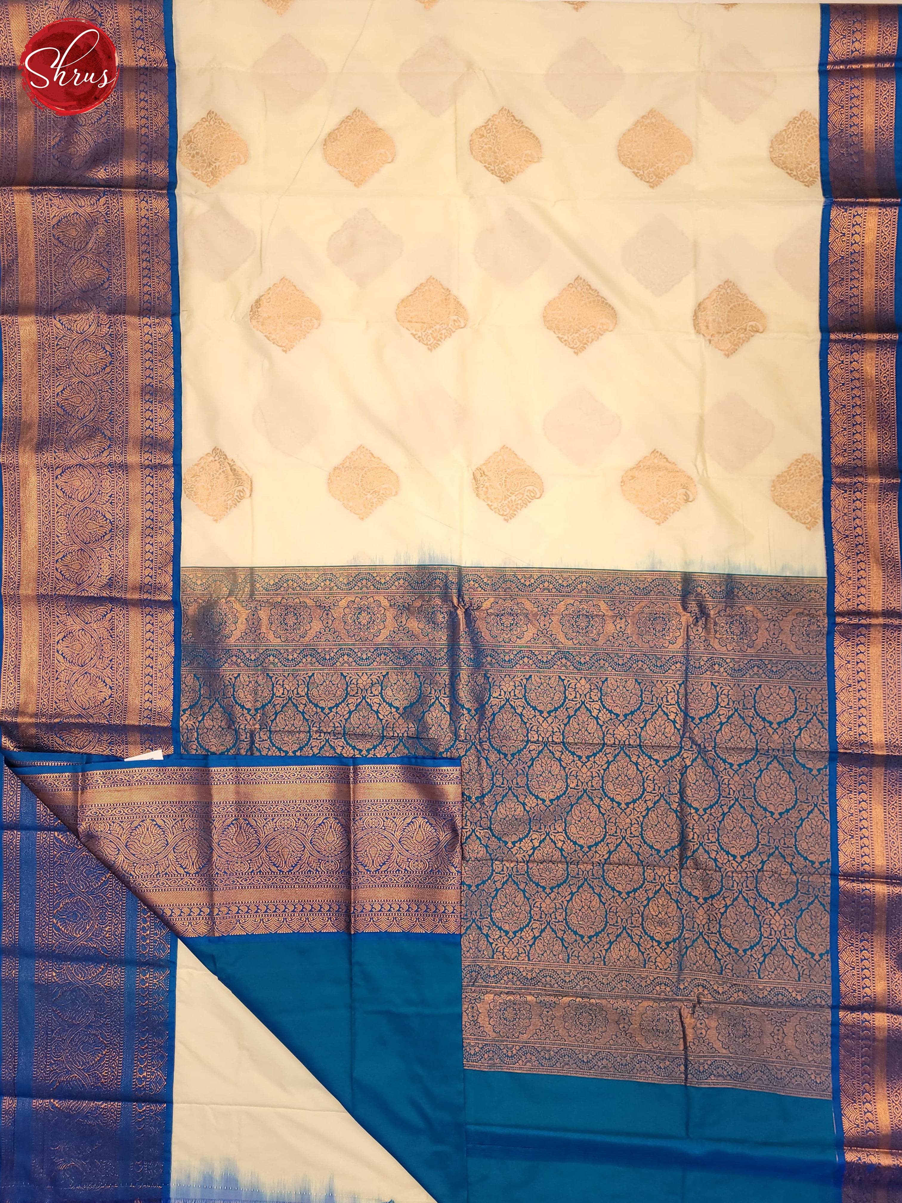 Cream & Blue- Semi Kanchipuram Saree - Shop on ShrusEternity.com