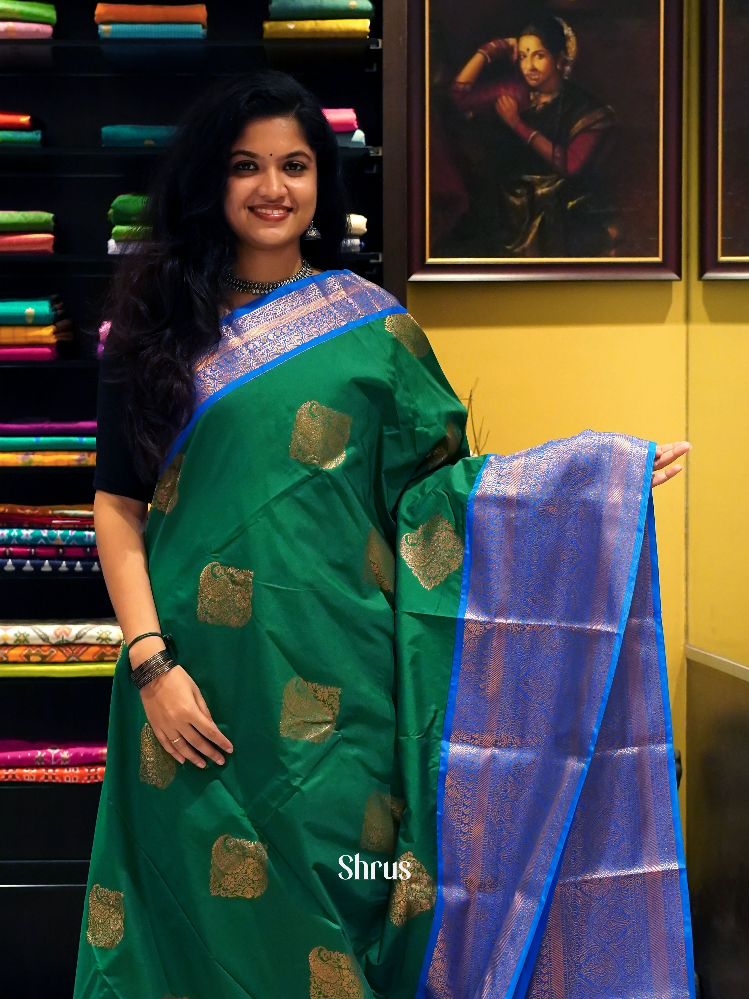 Green & Blue - Semi Kanchipuram Saree - Shop on ShrusEternity.com