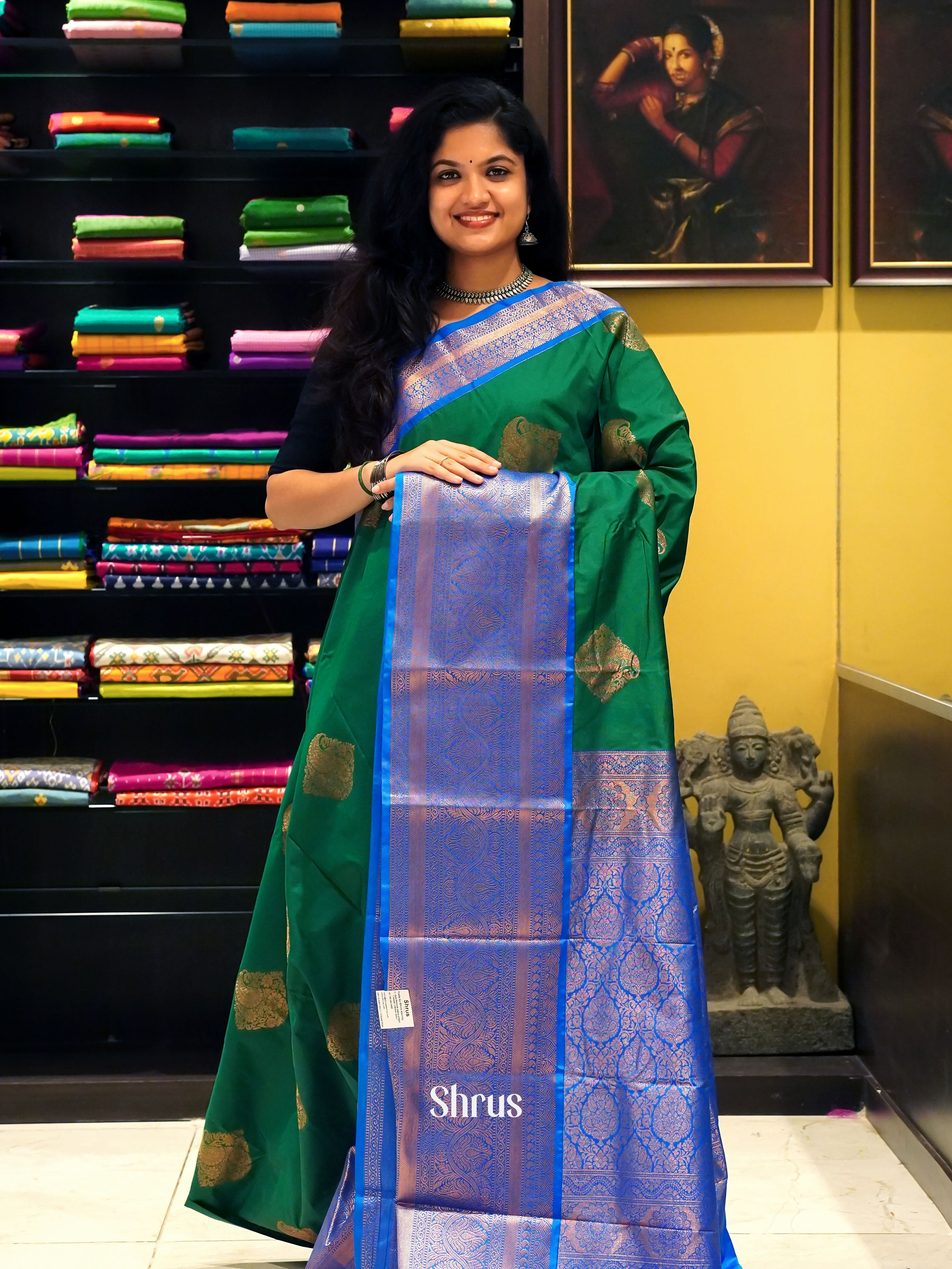 Green & Blue - Semi Kanchipuram Saree - Shop on ShrusEternity.com