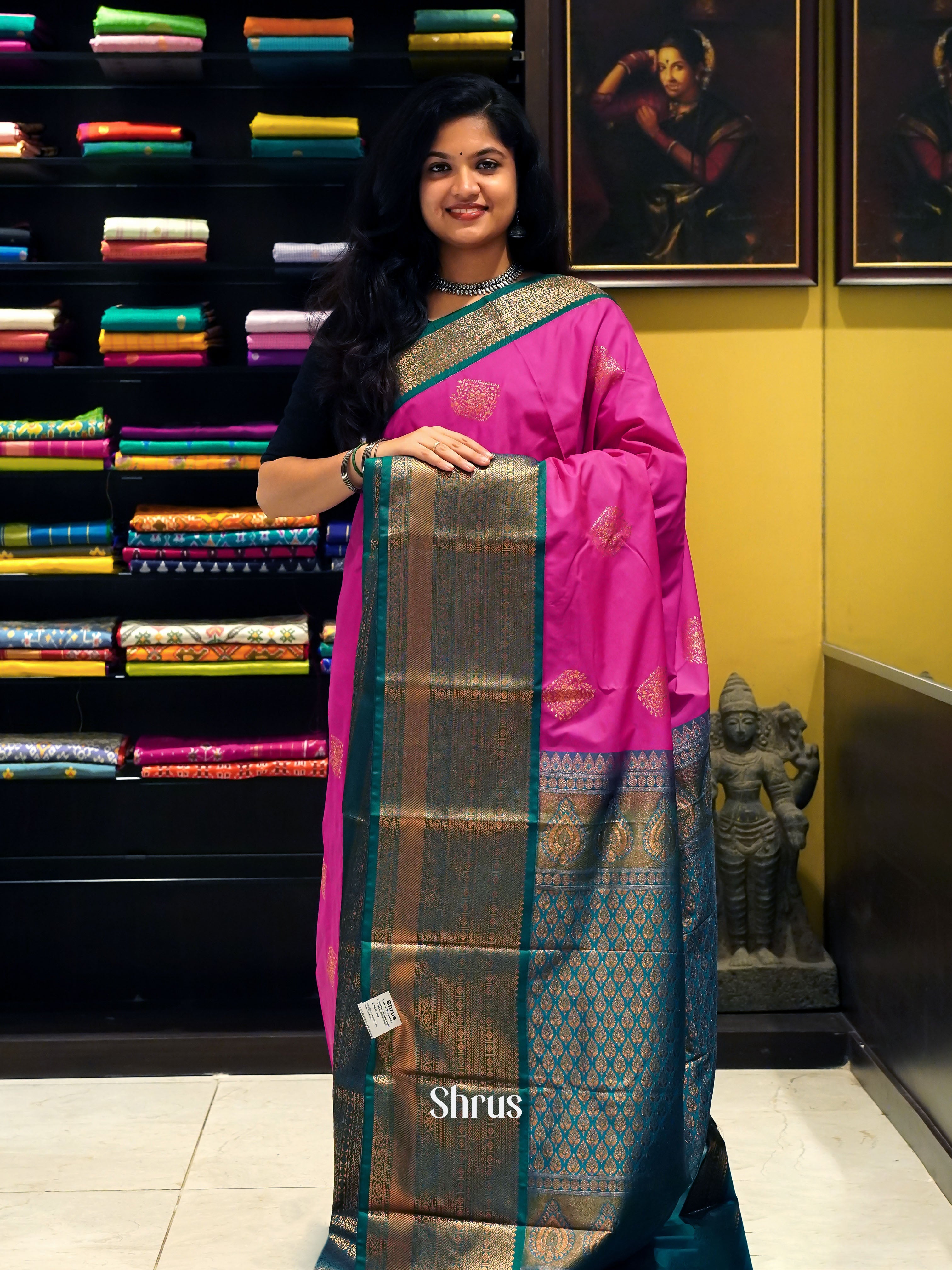 Pink & Green - Semi Kanchipuram Saree - Shop on ShrusEternity.com