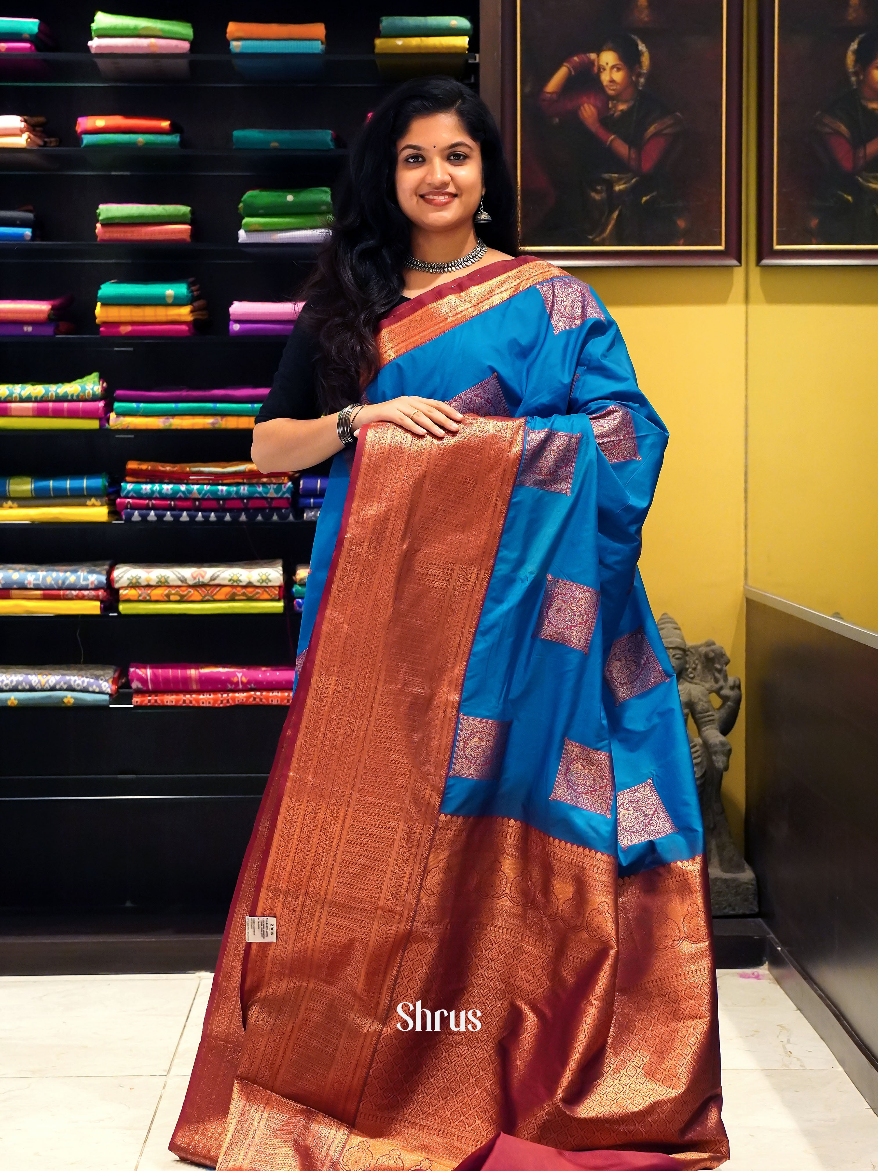 Blue & Maroon - Semi Kanchipuram Saree - Shop on ShrusEternity.com