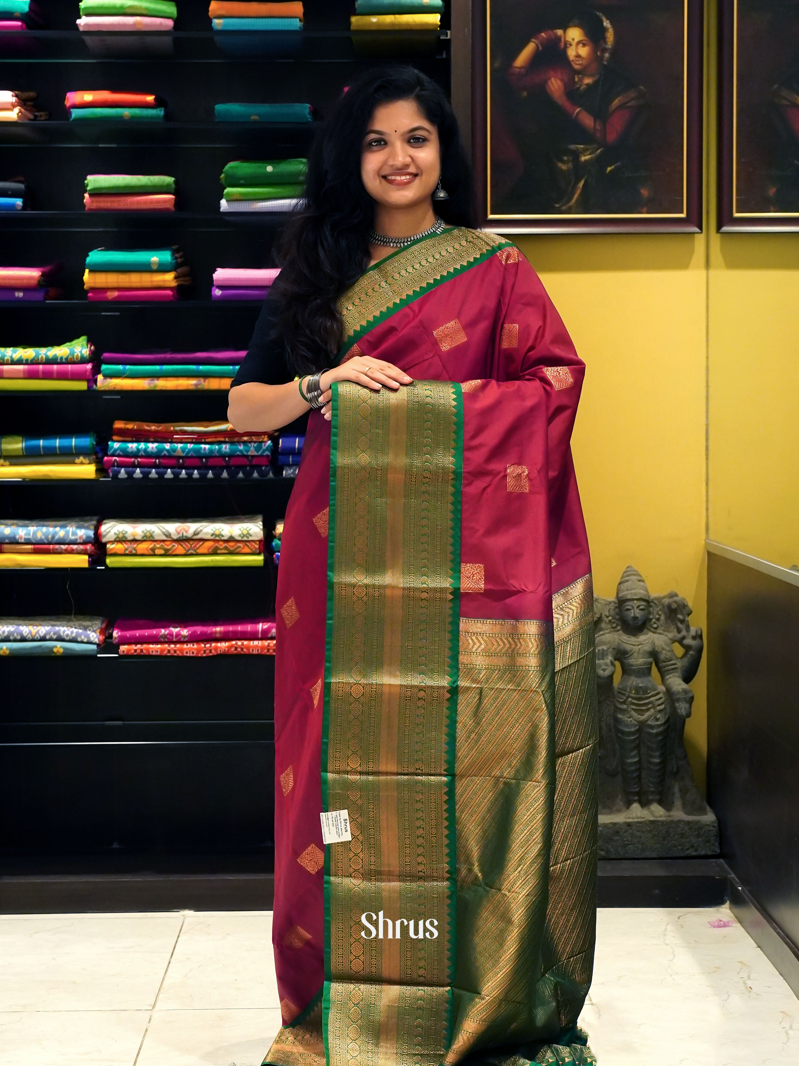 Maroon & Green - Semi Kanchipuram Saree - Shop on ShrusEternity.com
