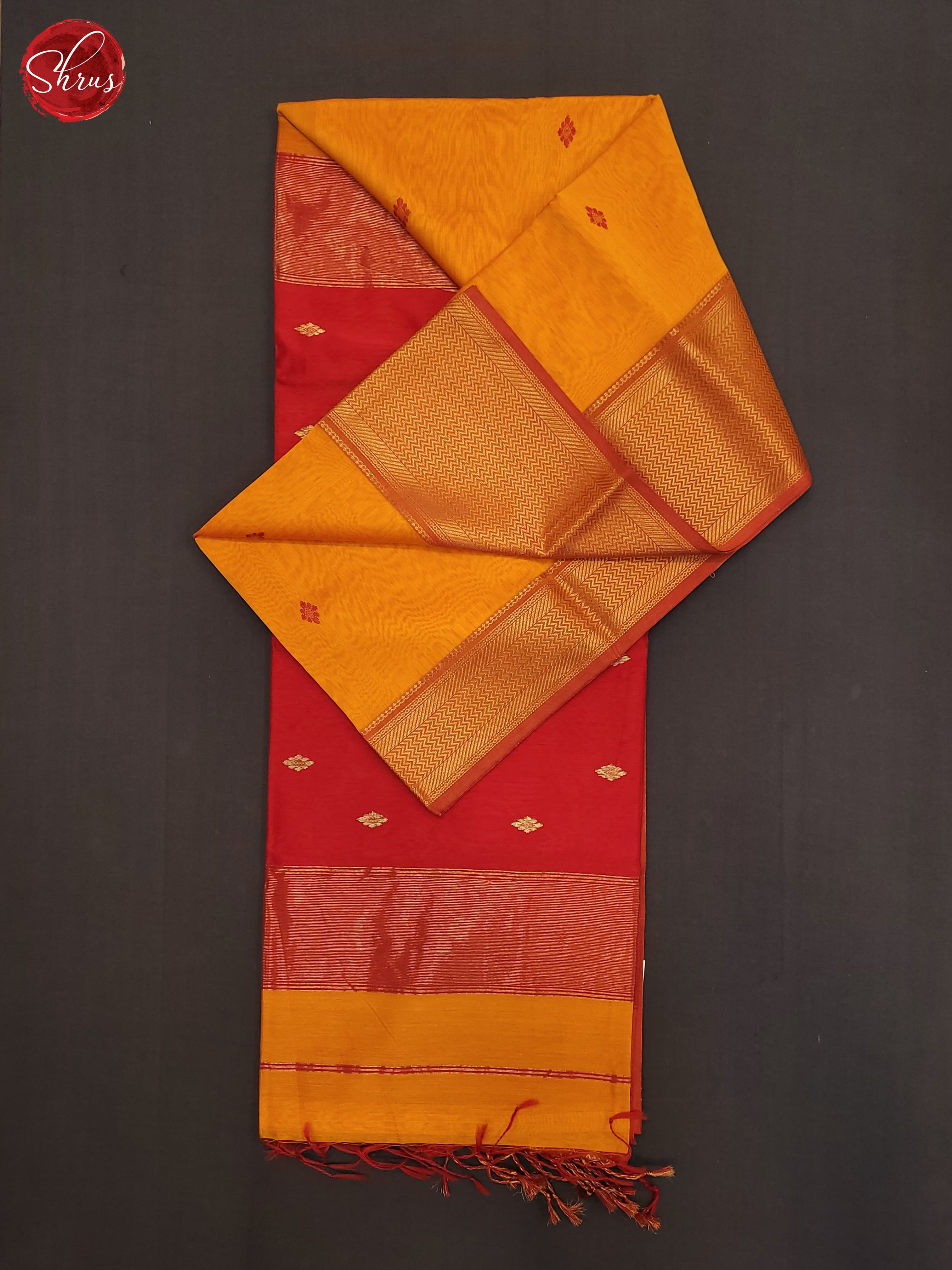 Yellow & Red- Maheshwari silkcotton Saree - Shop on ShrusEternity.com