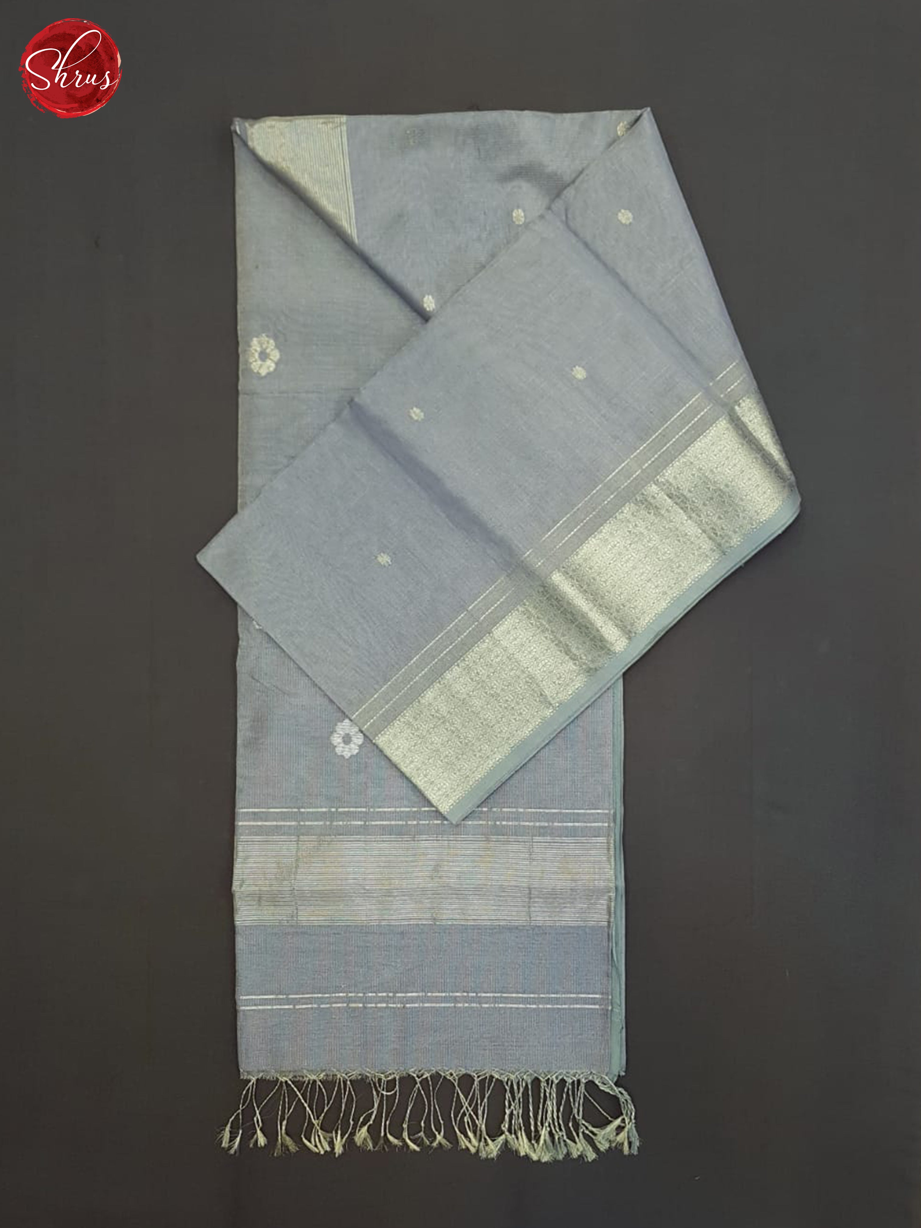 Blueish Grey(Single Tone)- Maheshwari Silk Cotton Saree - Shop on ShrusEternity.com