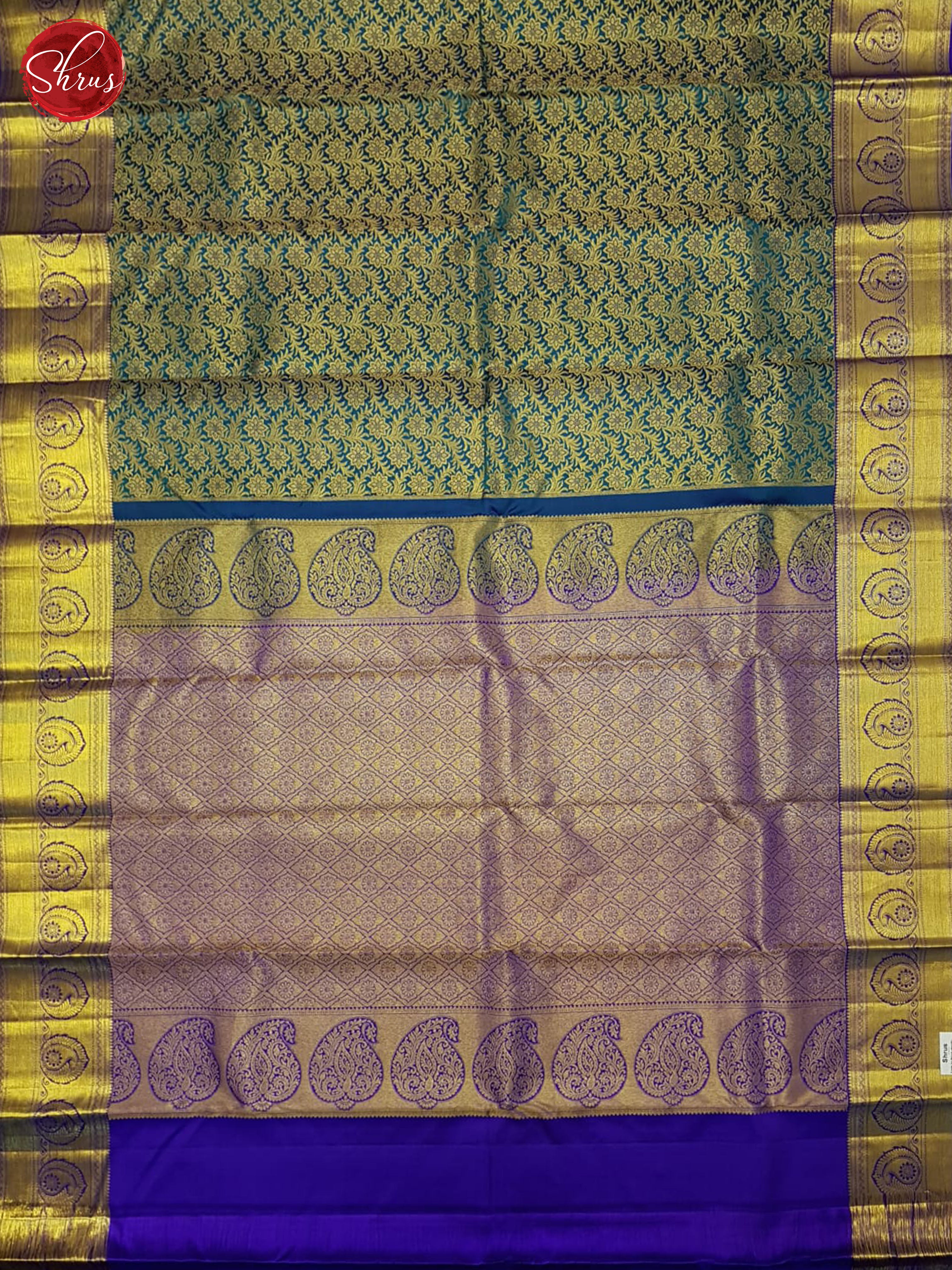 Green and blue Bridal Kanchipuram Silk saree With Golden Zari Woven Floral Brocade Design-3