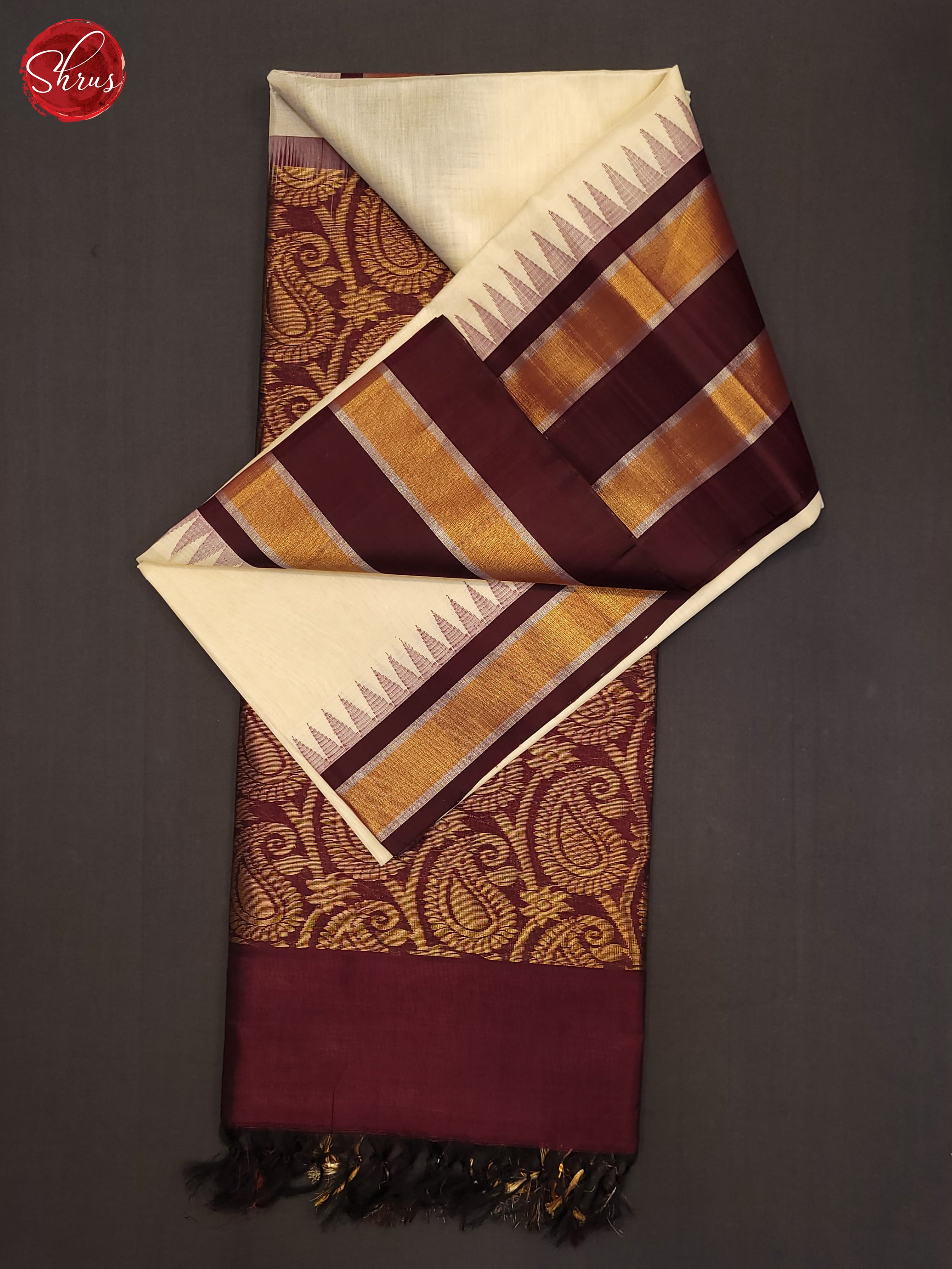 Cream & Brown - Silk Cotton Saree - Shop on ShrusEternity.com