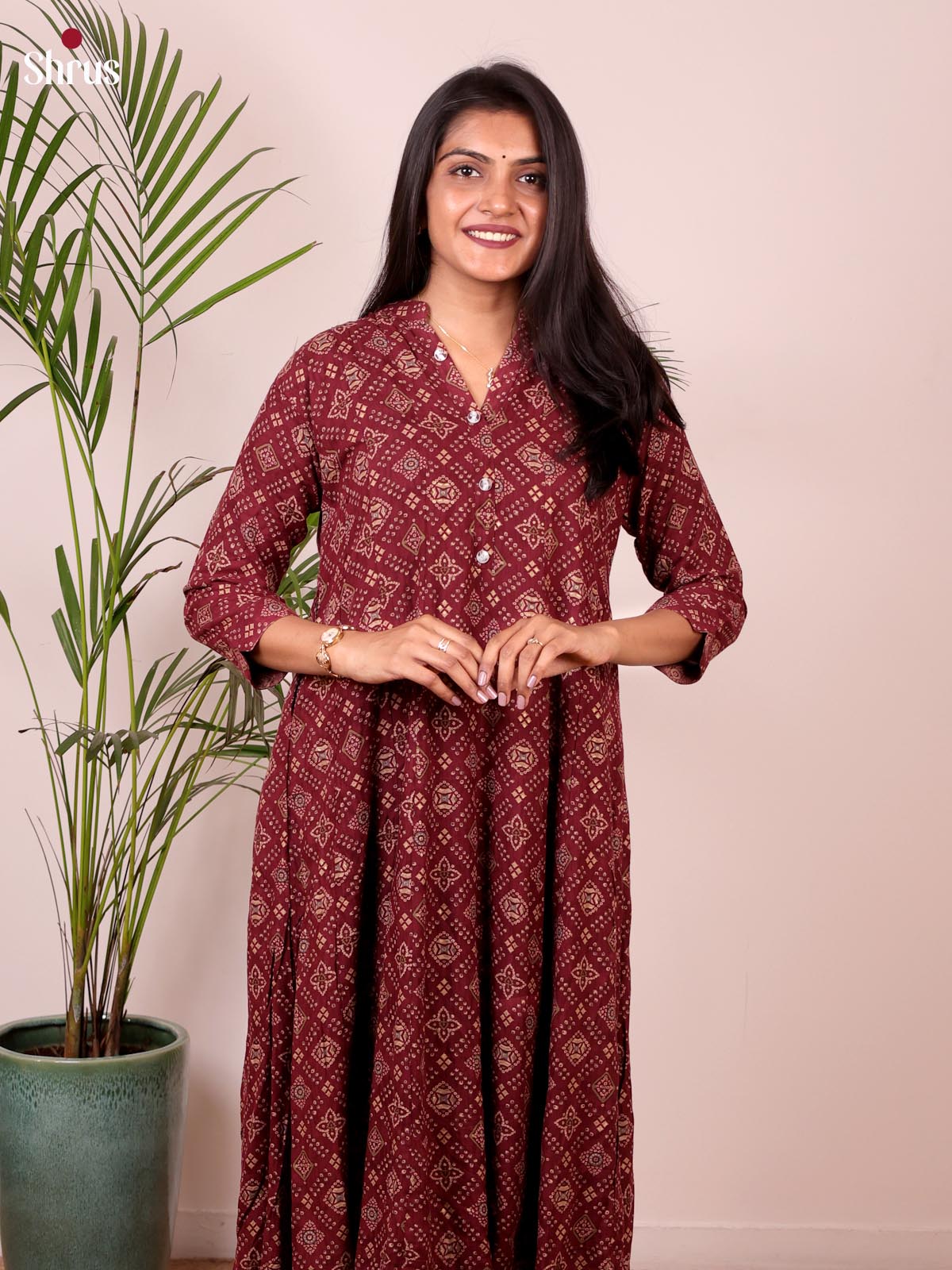 Brown -Rayon Printed anarkali Readymade kurti - Shop on ShrusEternity.com