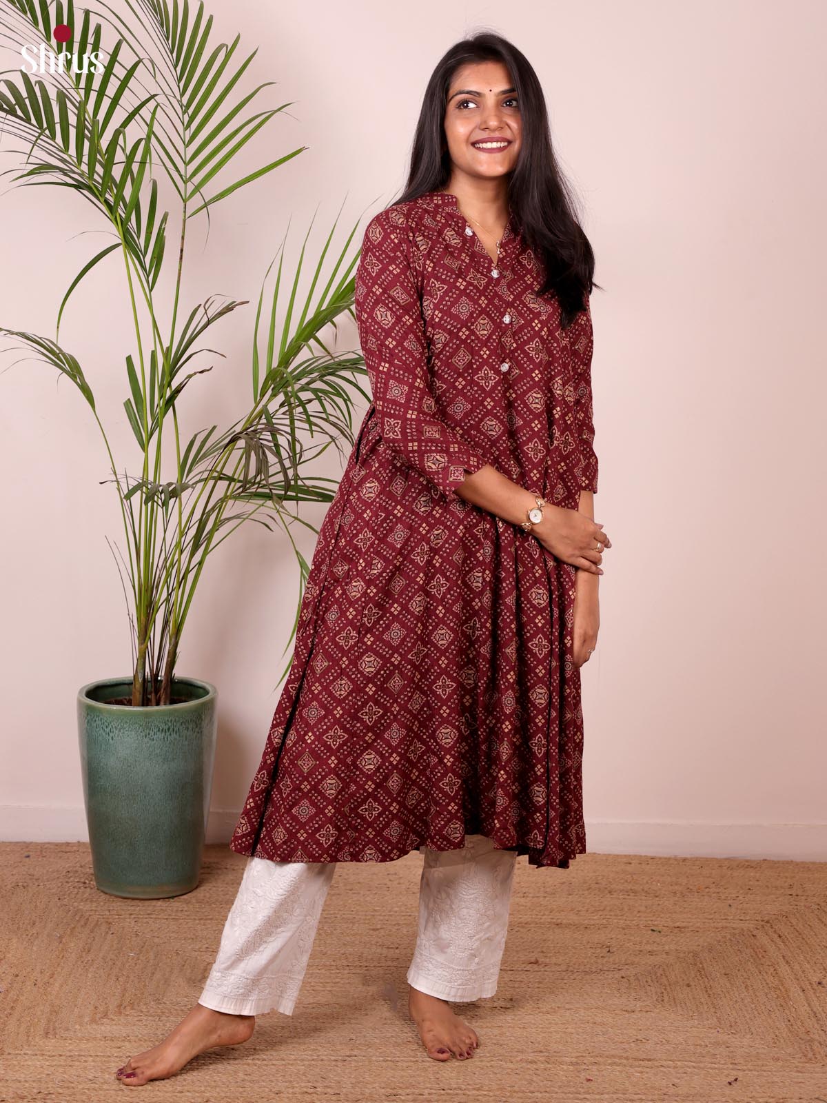 Brown -Rayon Printed anarkali Readymade kurti - Shop on ShrusEternity.com