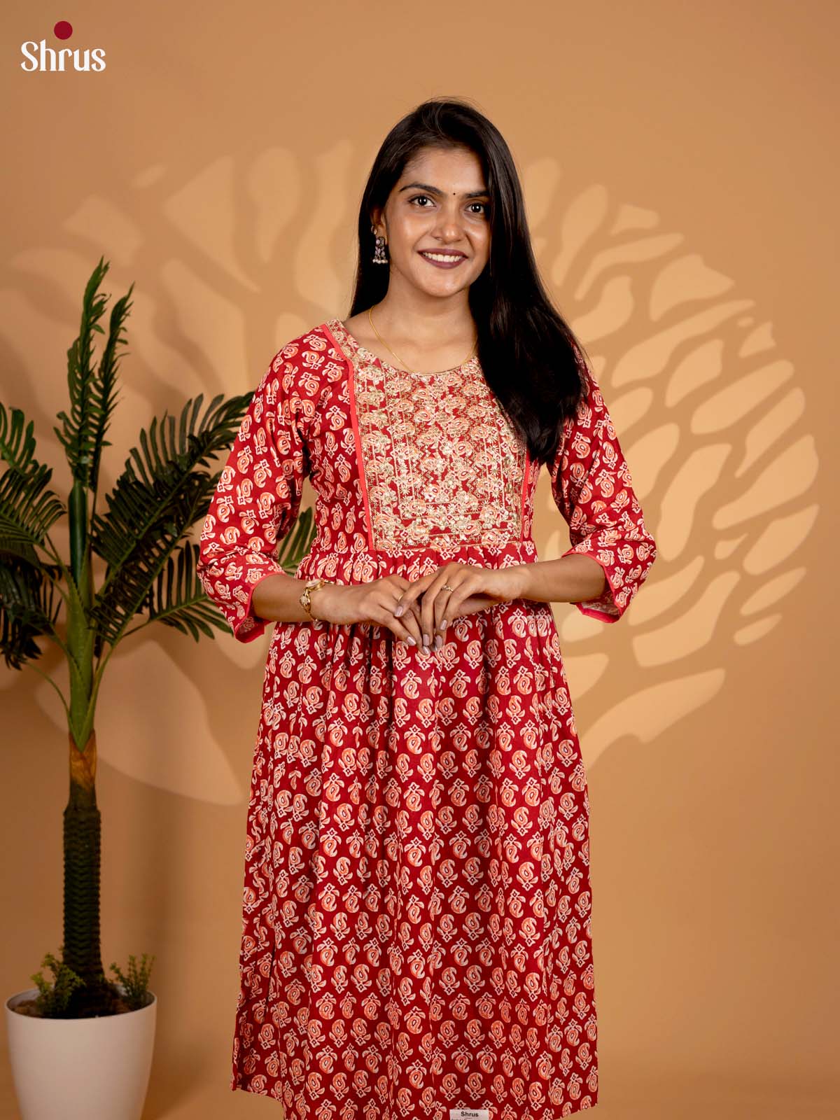 Red -Floral printed Anarkali Readymade Kurti - Shop on ShrusEternity.com