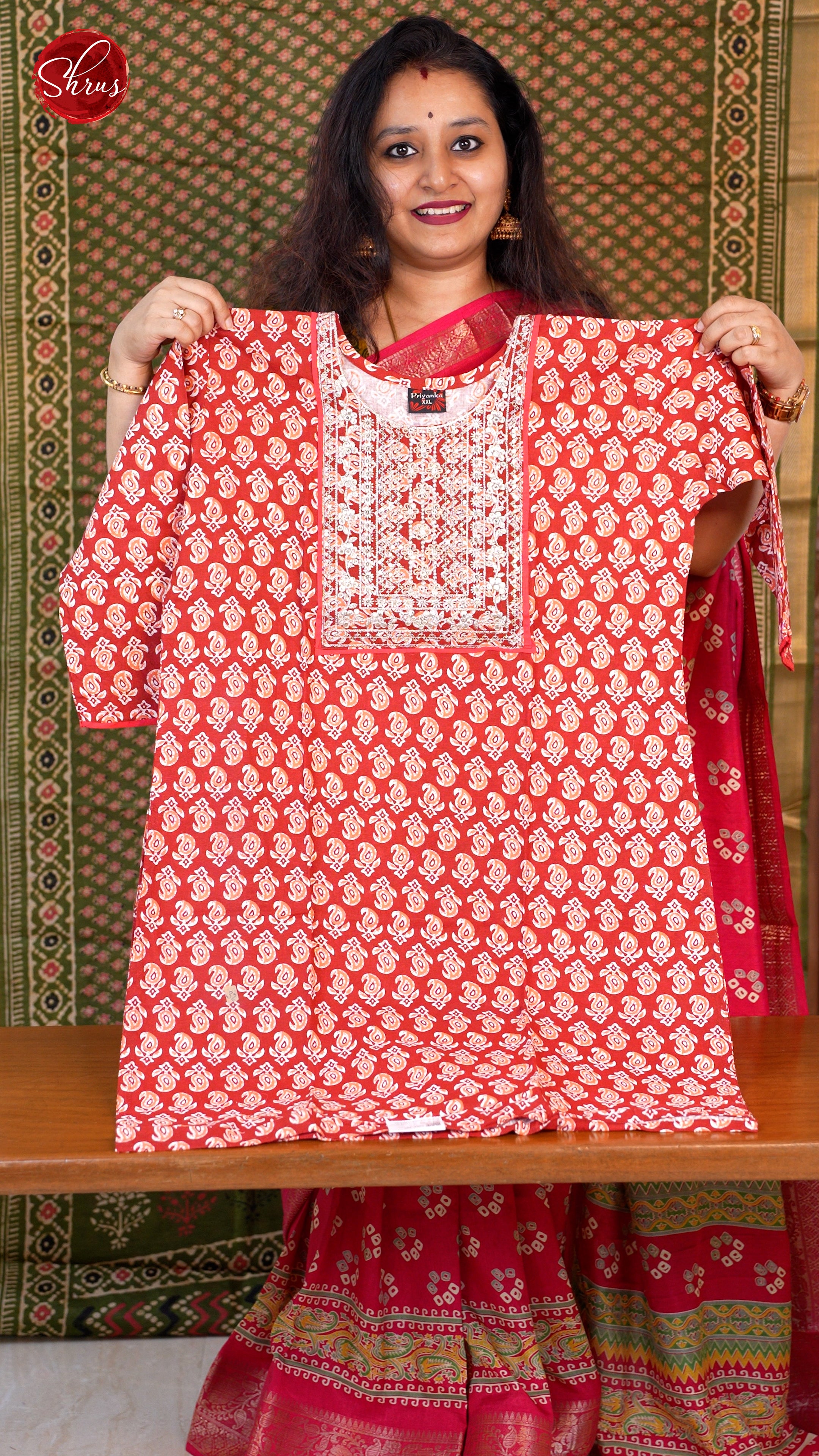 Red- block printed Readymade kurti - Shop on ShrusEternity.com
